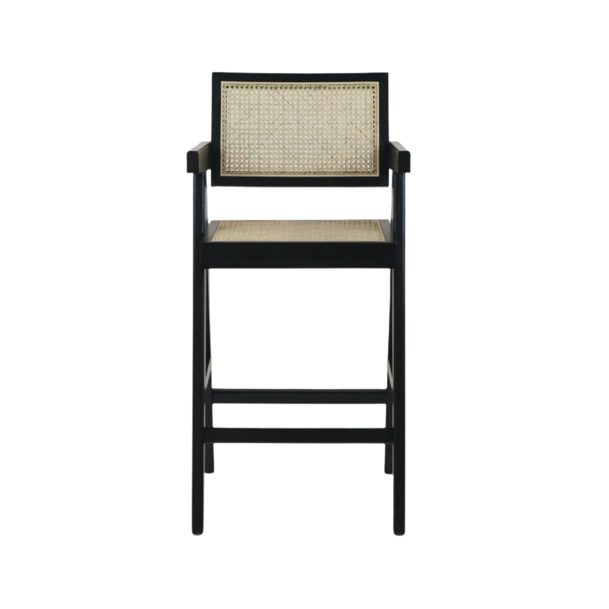 Mid-century modern bar stool with a black wooden frame and natural woven rattan cane seat and back, boxed armrests and a front footrest, shown on a white background.