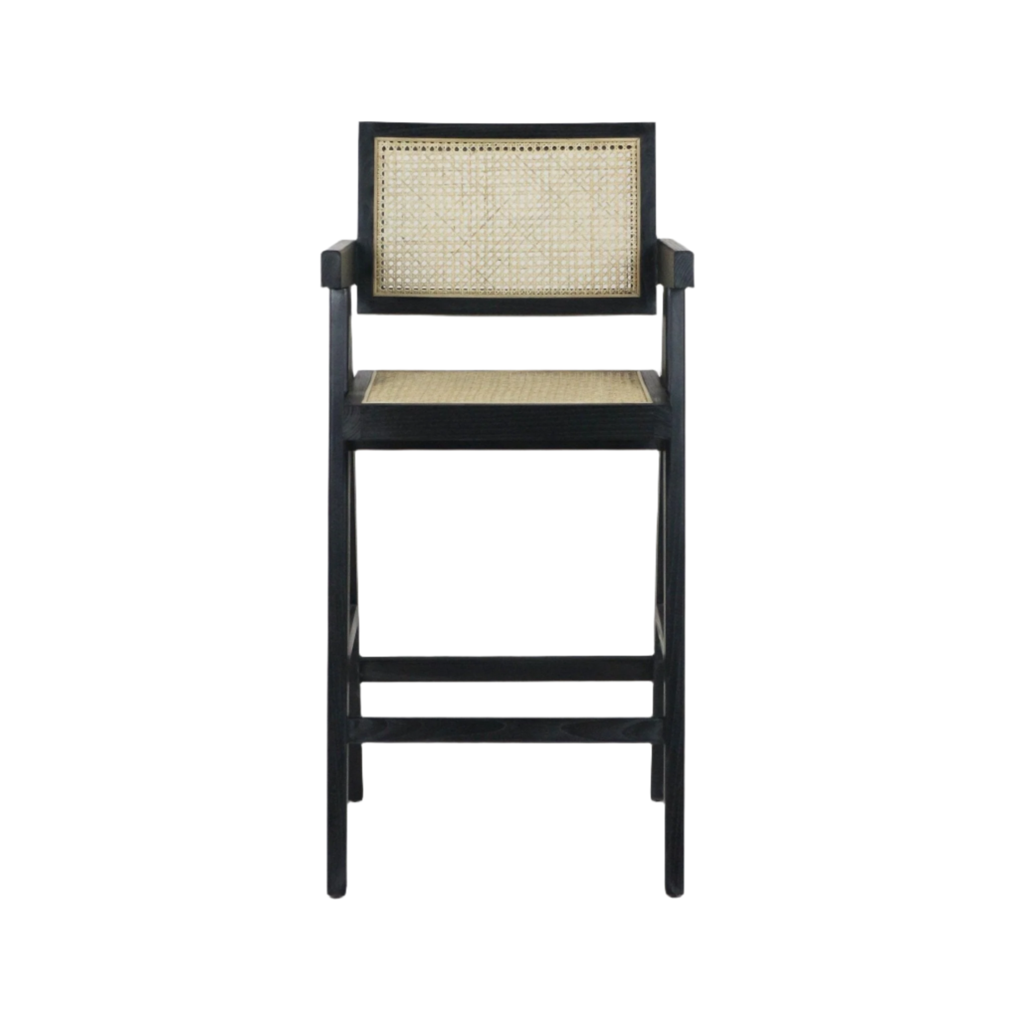Black-stained wood bar stool with natural rattan cane seat and inset cane back, short armrests and integrated footrest in a mid-century modern silhouette.