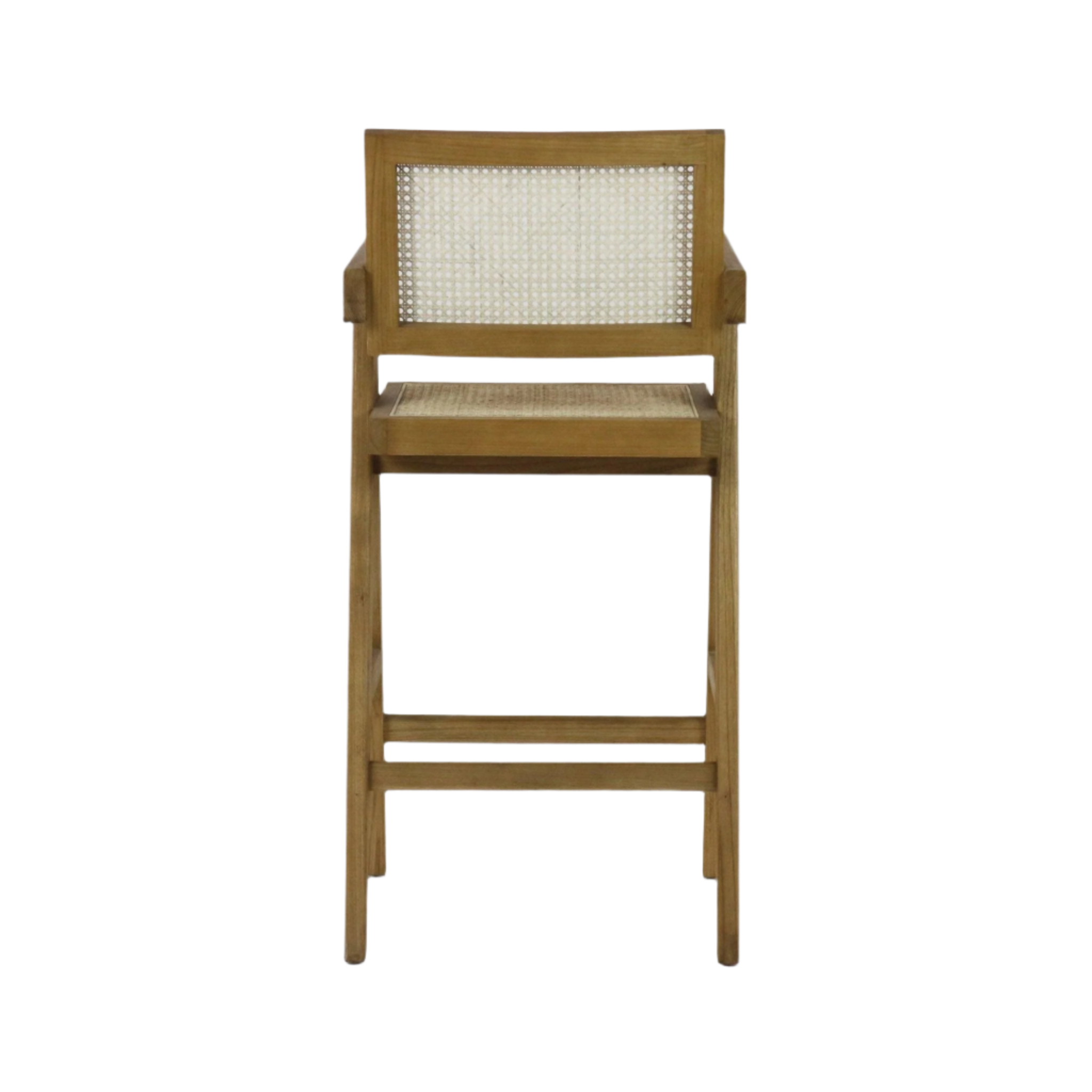 Front view of a natural wood bar stool with woven rattan seat and caned backrest, square slim frame and short armrests finished in blonde natural wood for a mid-century modern look.
