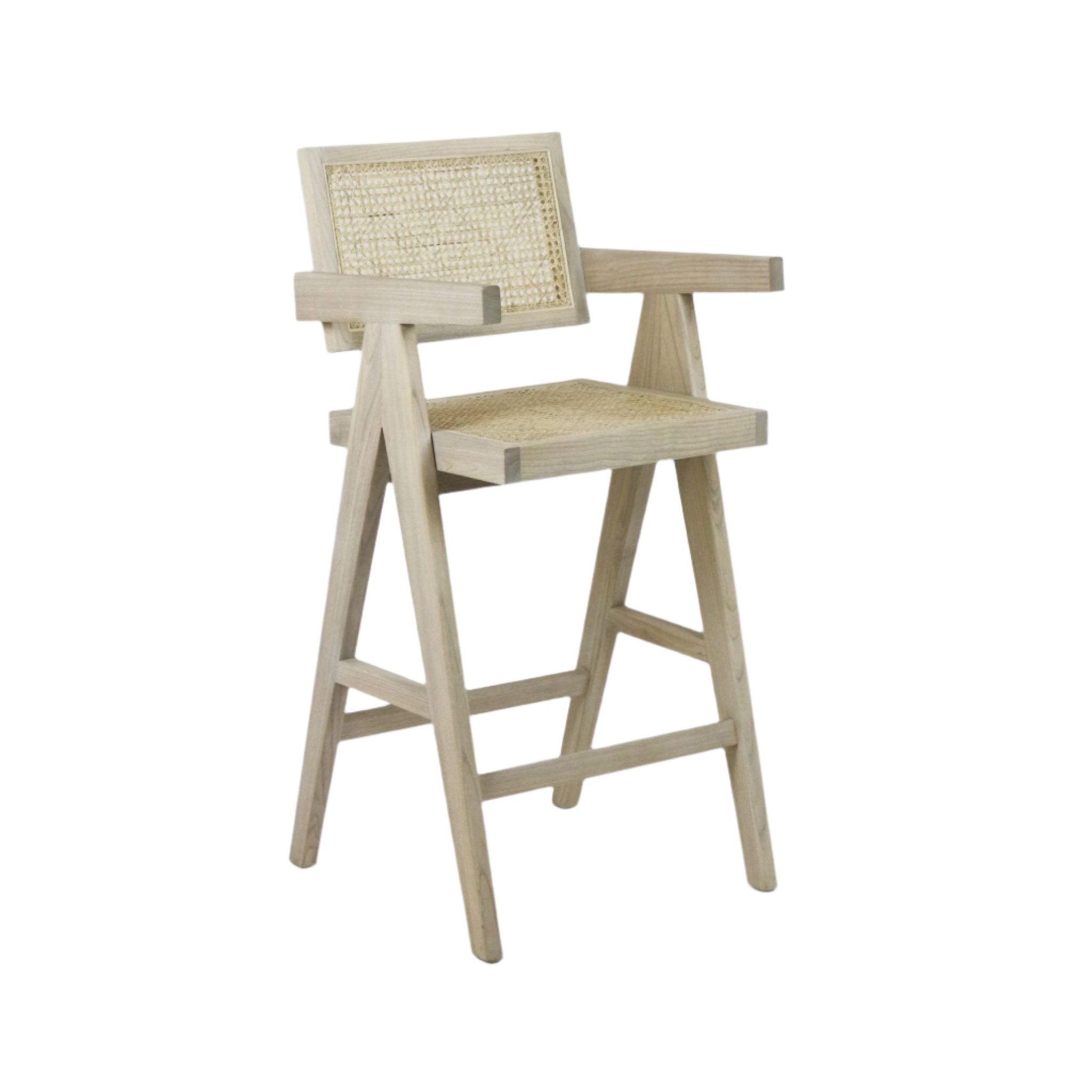 Natural wood bar stool with woven rattan cane seat and back, rectangular armrests, A-frame legs and integrated footrest in a mid-century modern style.