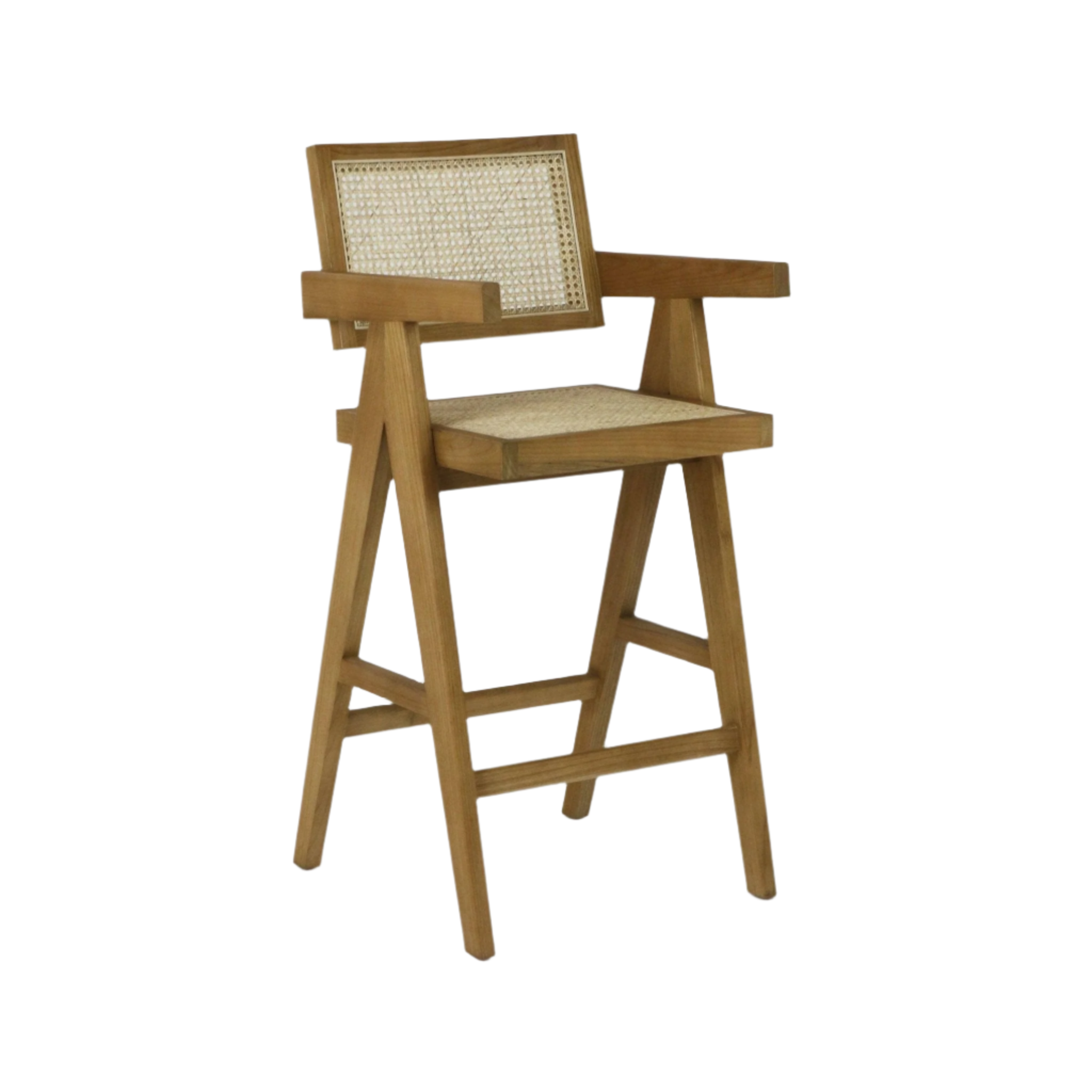 Natural wood bar stool with woven rattan seat and back, squared armrests, angled A-frame legs and a built-in footrest in mid-century modern style.