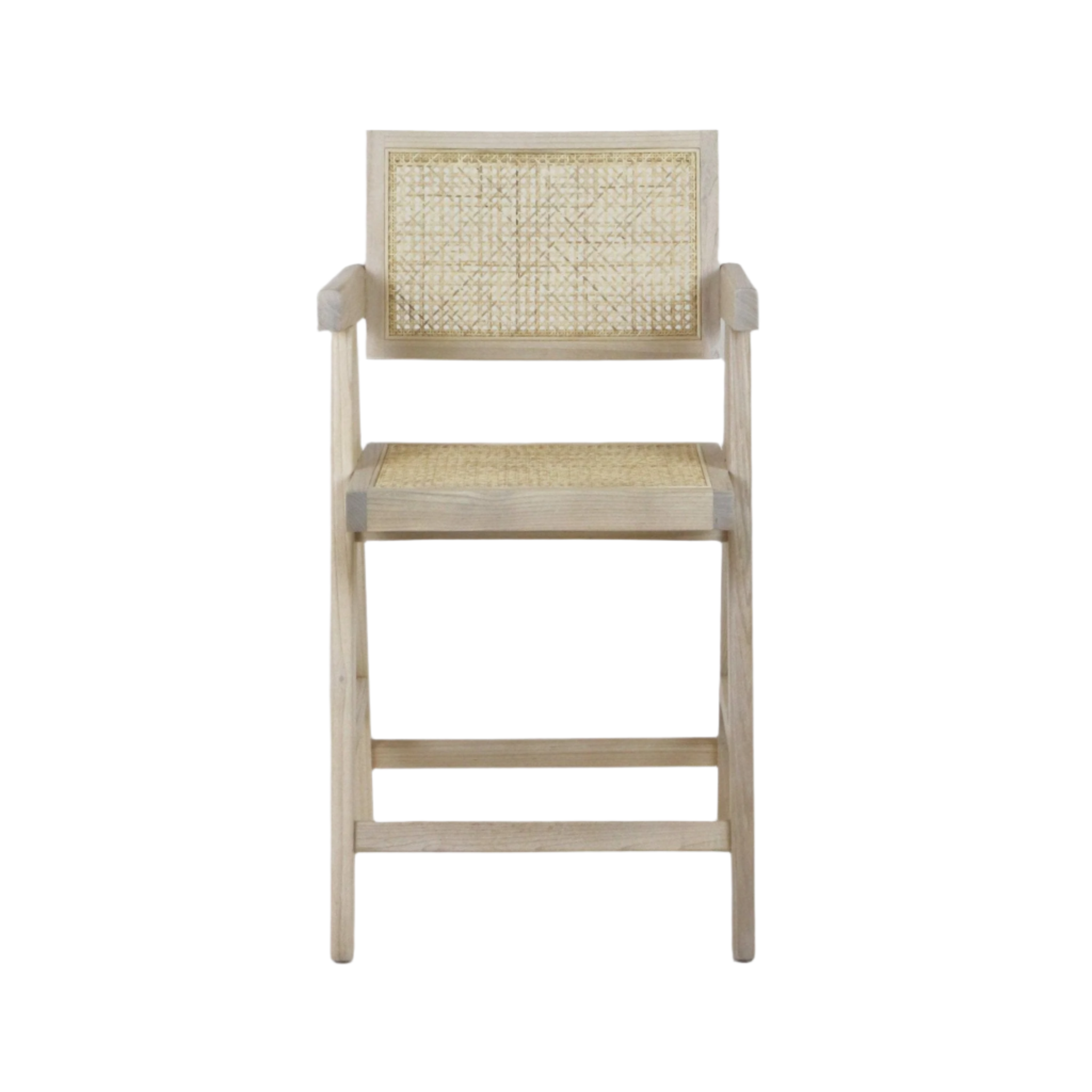 Front view of a natural-blonde wood counter stool with woven rattan seat and cane back, short armrests and two horizontal footrest rails, showcasing a minimalist mid-century modern design.