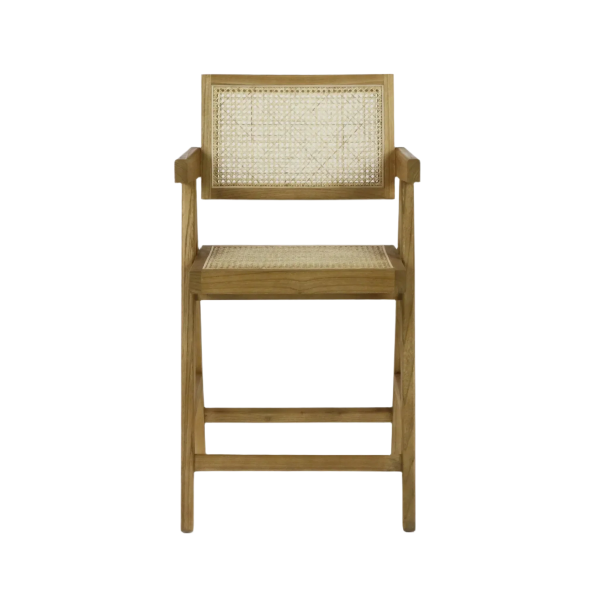 Natural wood counter stool with woven rattan cane seat and back, square frame, short wooden armrests and integrated footrest in a mid-century modern style.
