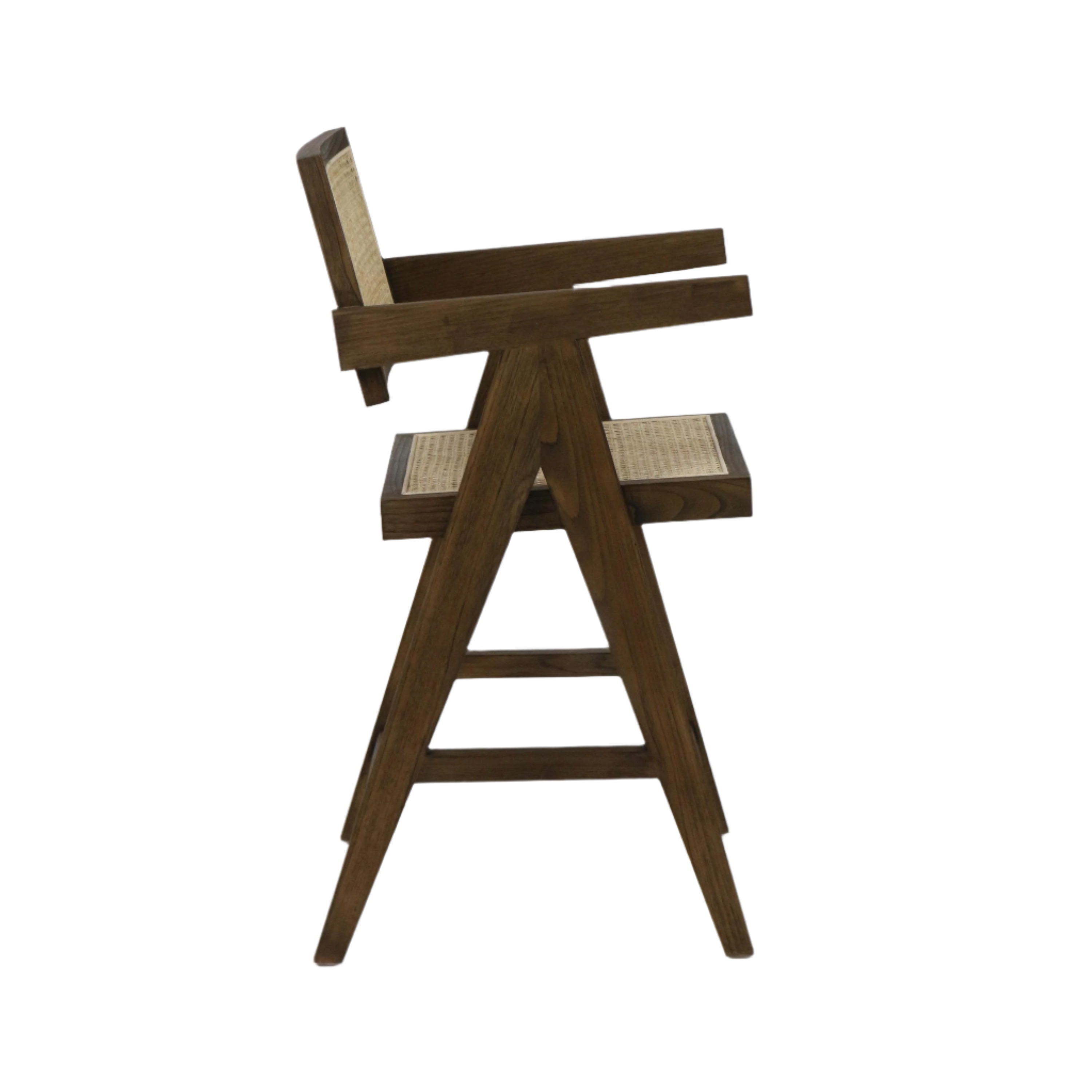 Side profile of a mid-century modern natural wood bar stool with A-frame legs, woven rattan seat and back, and straight wooden armrests in a warm natural finish.