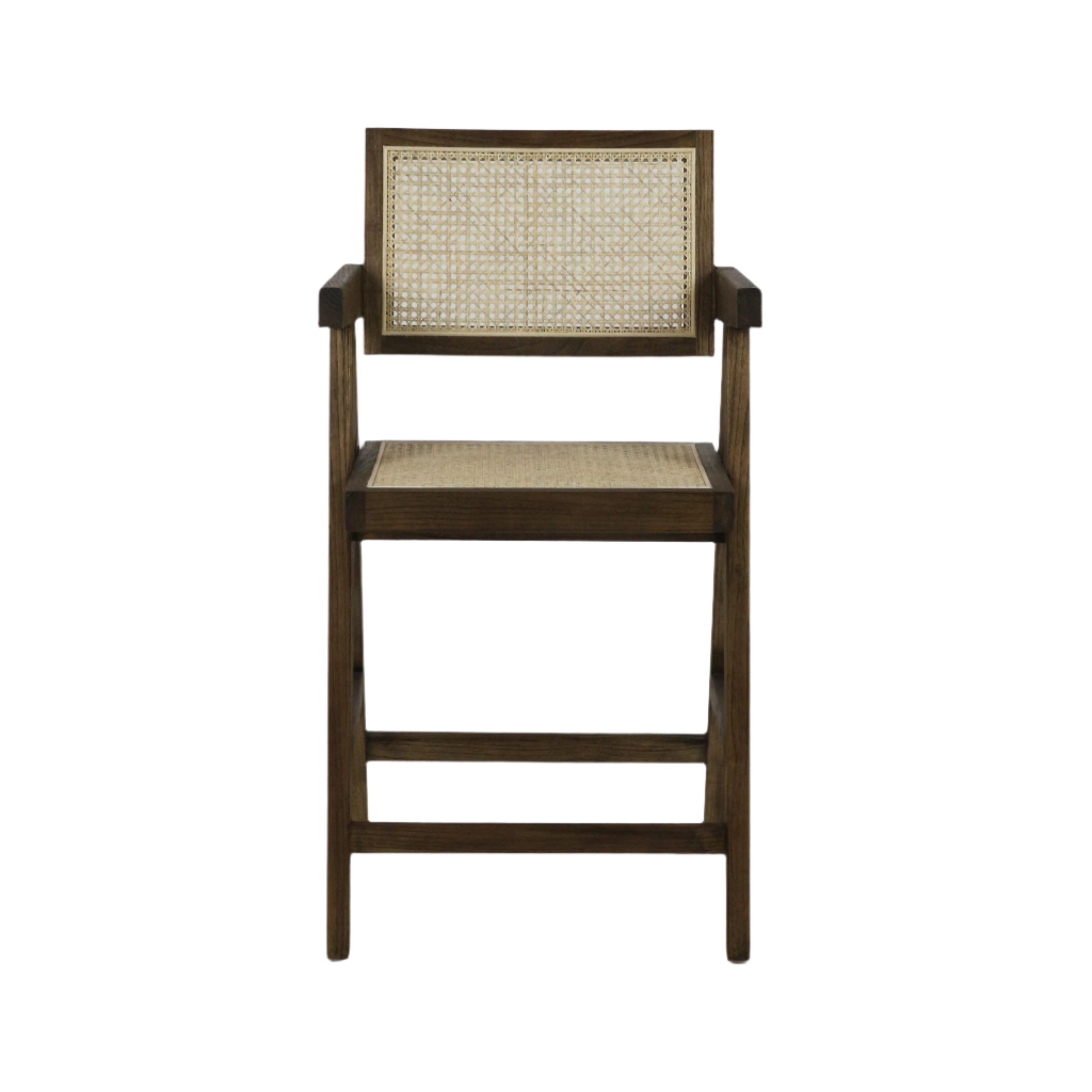 Front view of a mid-century modern natural wood bar stool with woven rattan cane seat and back, square wooden armrests, straight legs and integrated footrest in a warm natural blonde finish.