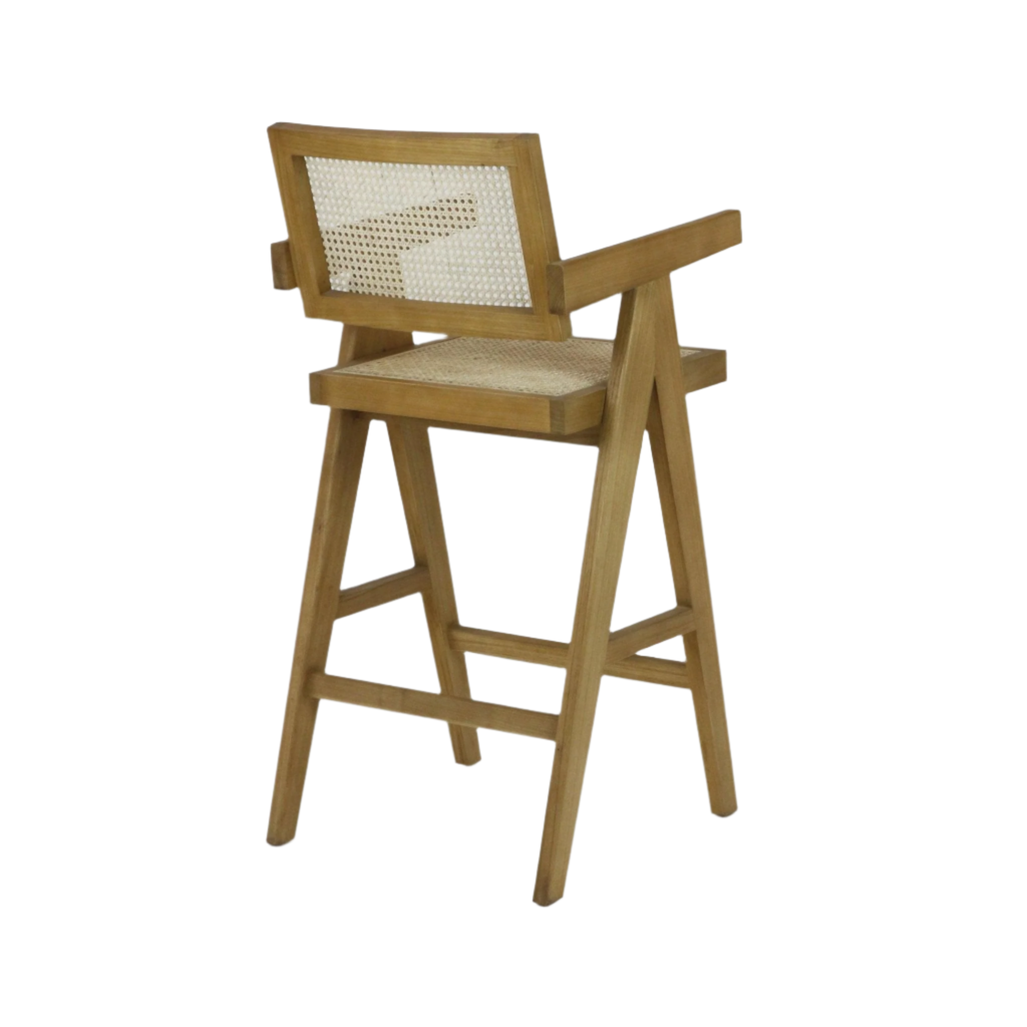 Light natural wood bar stool with woven rattan seat and cane backrest, angled A-frame legs, integrated armrests and footrest, mid-century modern silhouette on a white background.