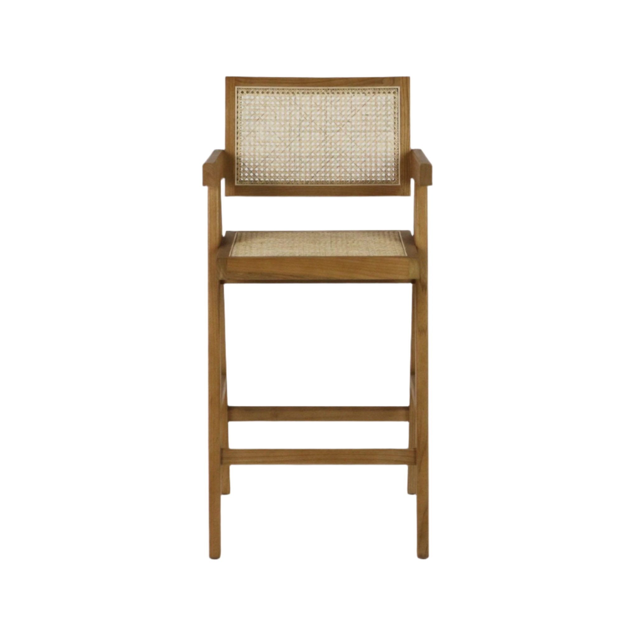 Natural wood counter stool with woven rattan seat and cane back, slim straight legs and angular armrests in a mid-century modern style on a white background.