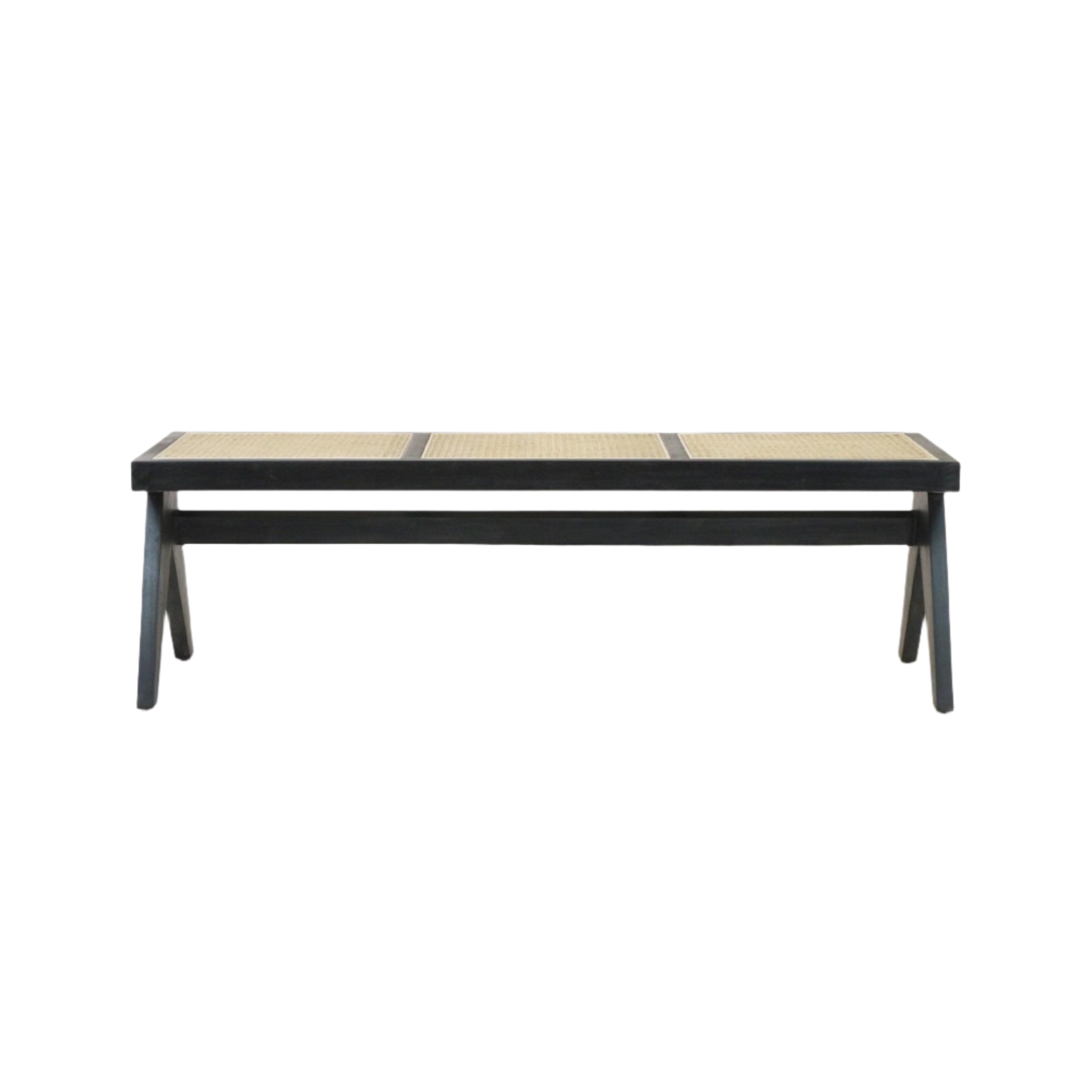 Long modern wooden bench with a black-stained solid wood frame and three-panel natural cane woven seat, tapered legs and stretcher support, photographed on a white background.