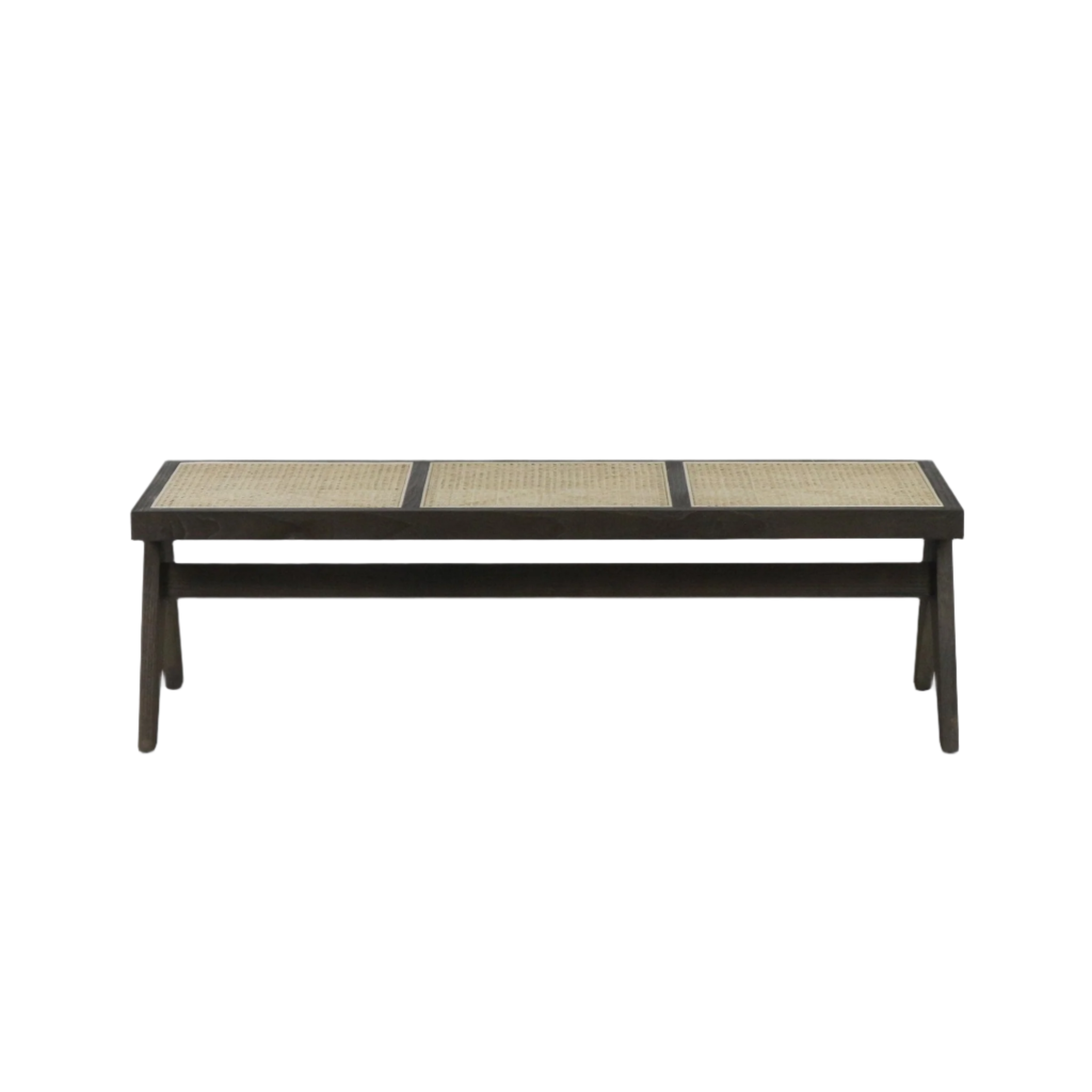Backless modern bench with a dark-stained solid wood frame and three rectangular woven natural cane seat panels separated by wood rails, supported by angled legs for dining or entryway use.