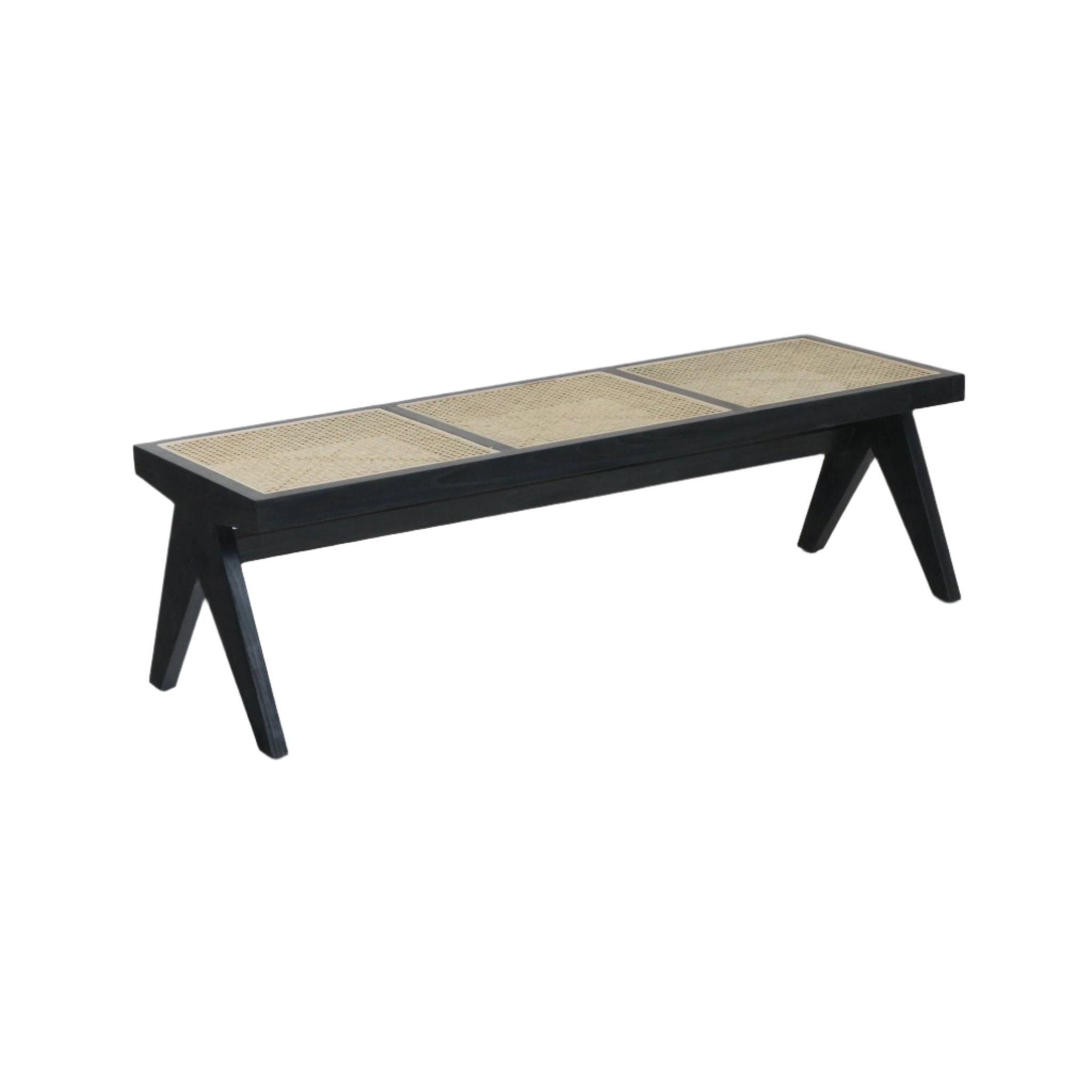 Backless natural cane bench with three woven cane panels set into a black solid wood frame and angled A-shaped legs, a modern minimalist indoor dining or entryway bench.