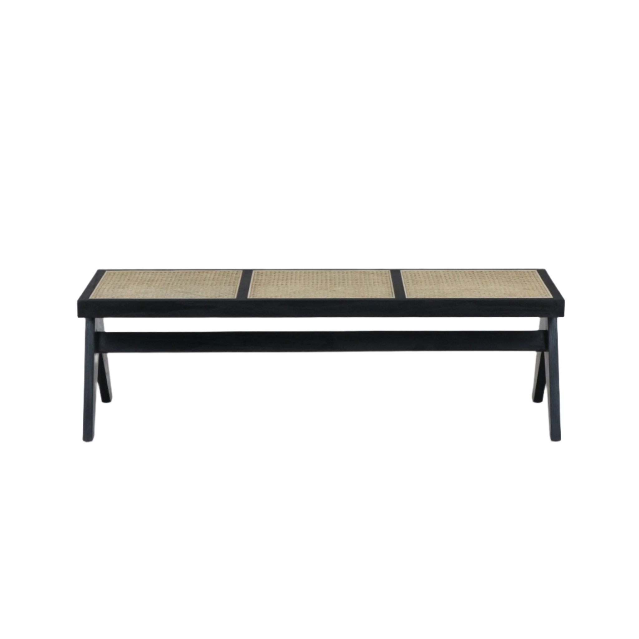 Backless bench featuring three natural cane-woven seat panels set in a black solid wood frame with tapered legs and a lower stretcher, offering a modern minimalist look for dining, entryway, or bedroom use.