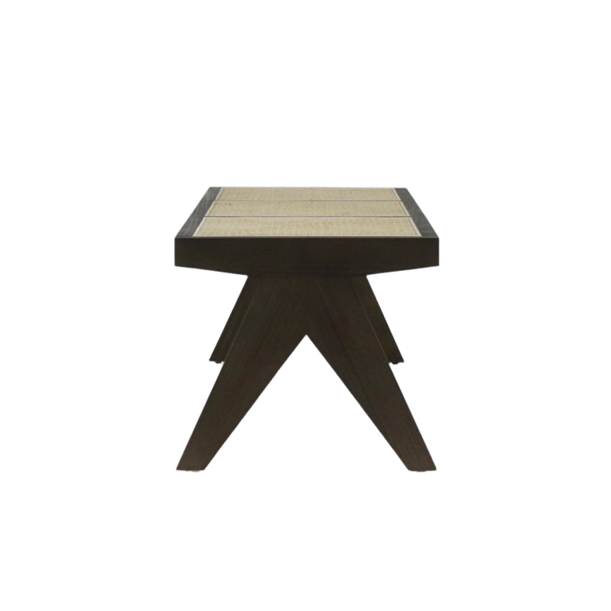 Front view of a mid-century modern backless bench with natural cane Vienna-weave seat panels set in a dark solid wood frame with distinctive splayed X-shaped legs.