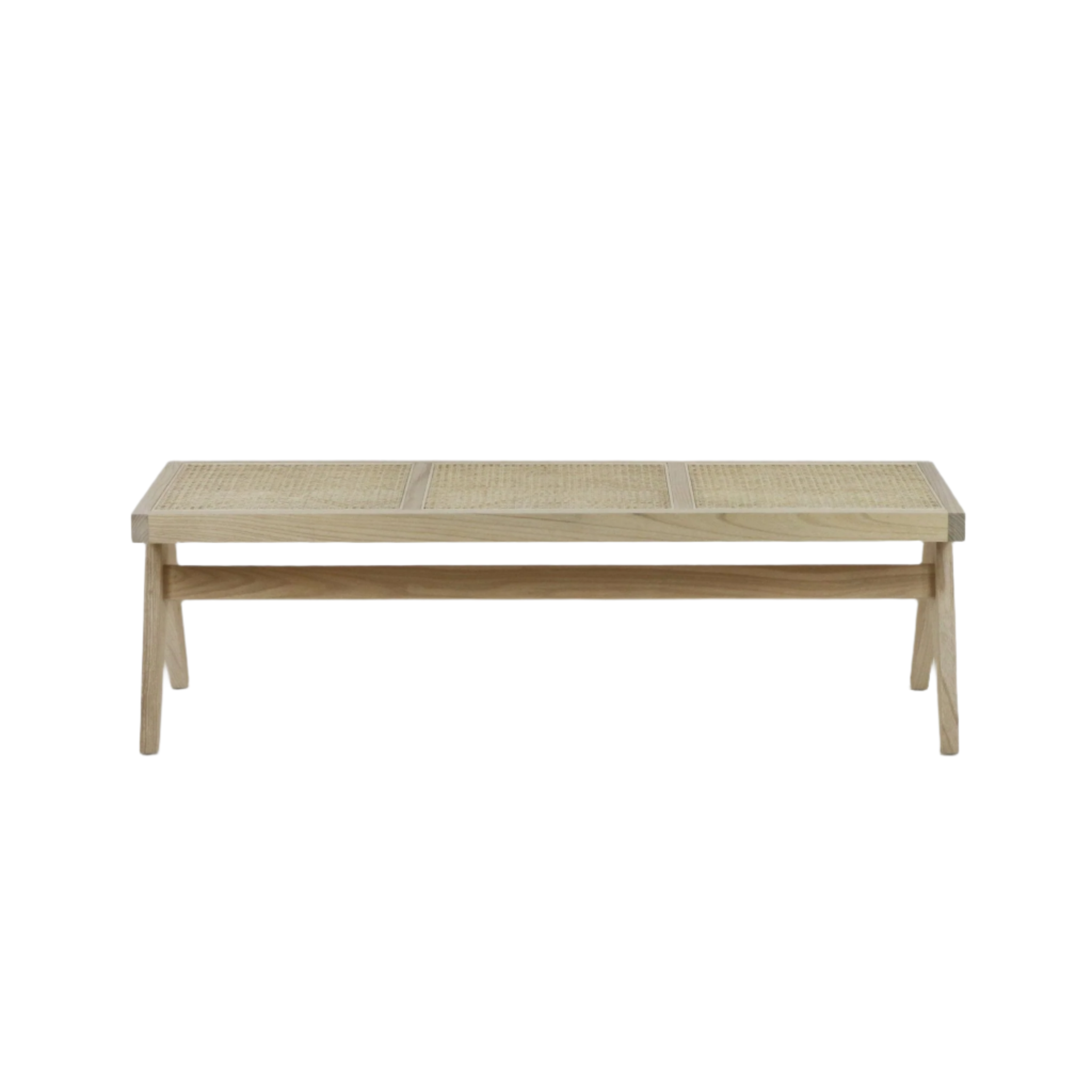 Backless bench with a natural solid wood frame and three-panel cane-woven seat, tapered legs and central stretcher for support, minimalist mid-century modern style in a light natural finish.