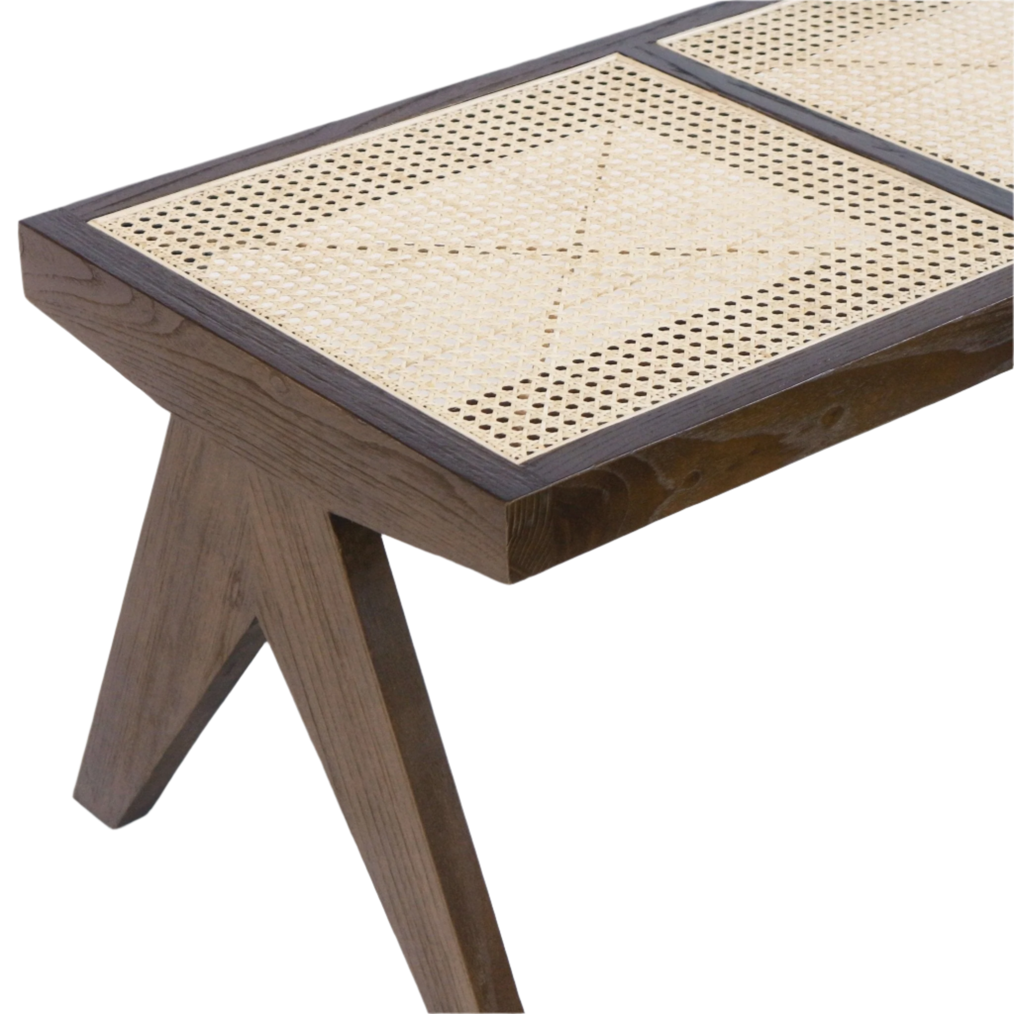 Close-up of a natural cane weave seat inset in a dark-stained solid wood bench frame with an angled A-shaped leg, highlighting the Vienna cane pattern and visible wood grain.