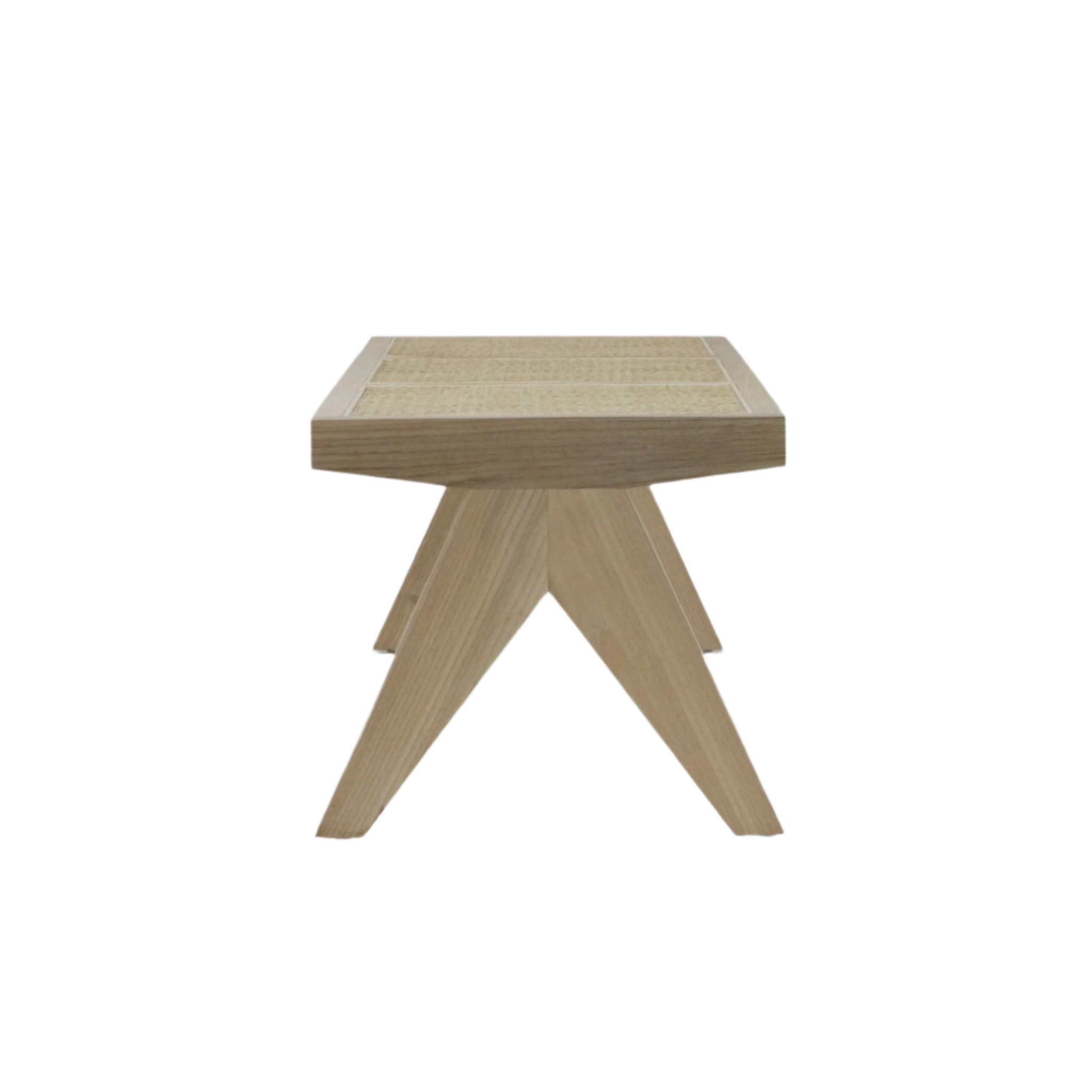 Front view of a natural solid wood backless bench with a three-panel woven cane (Vienna weave) seat and angled splayed legs in a light natural finish, showcasing a modern minimalist silhouette.