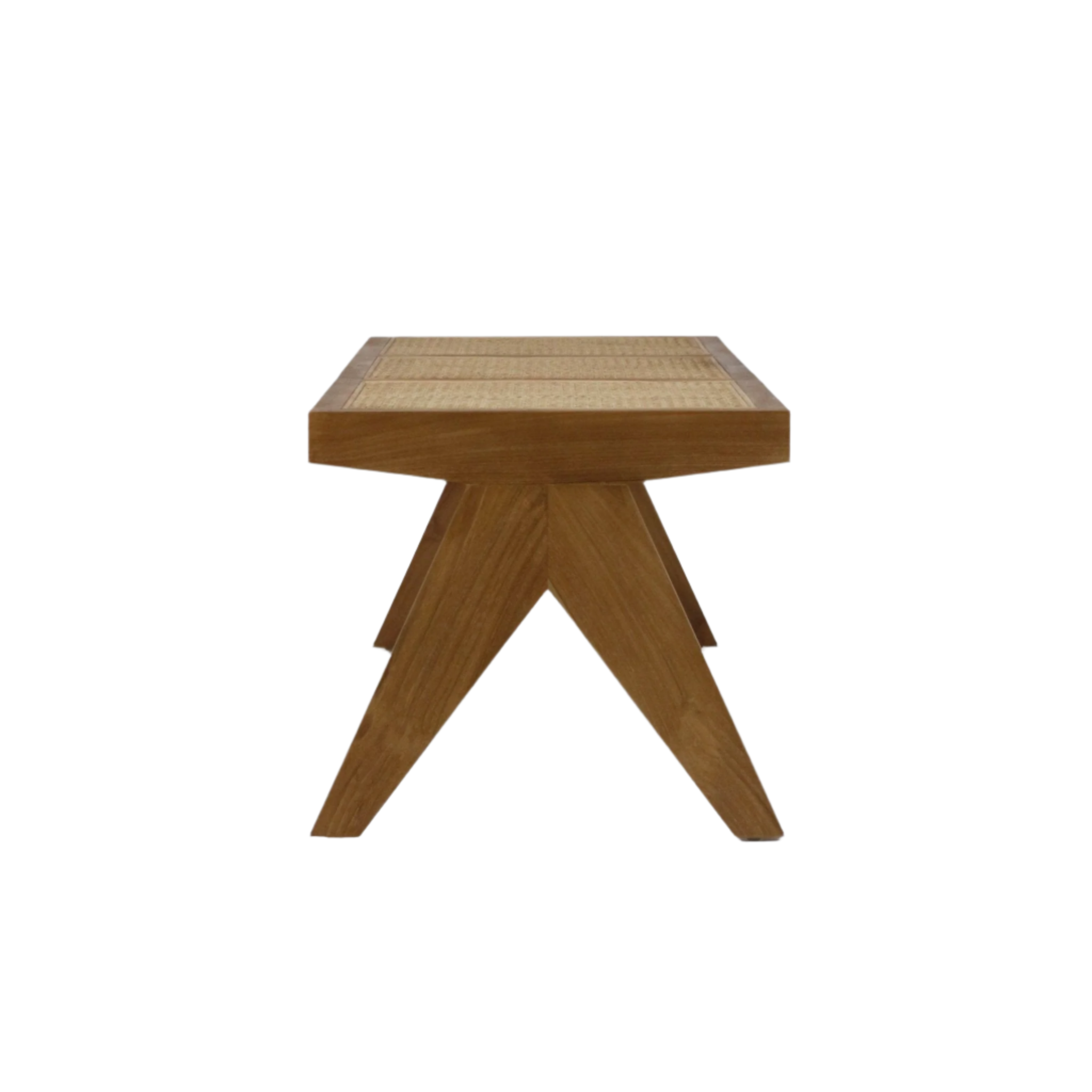 Front view of a natural solid wood bench with a woven cane seat and sculptural angled V-shaped legs in a mid-century modern style, shown on a white background.