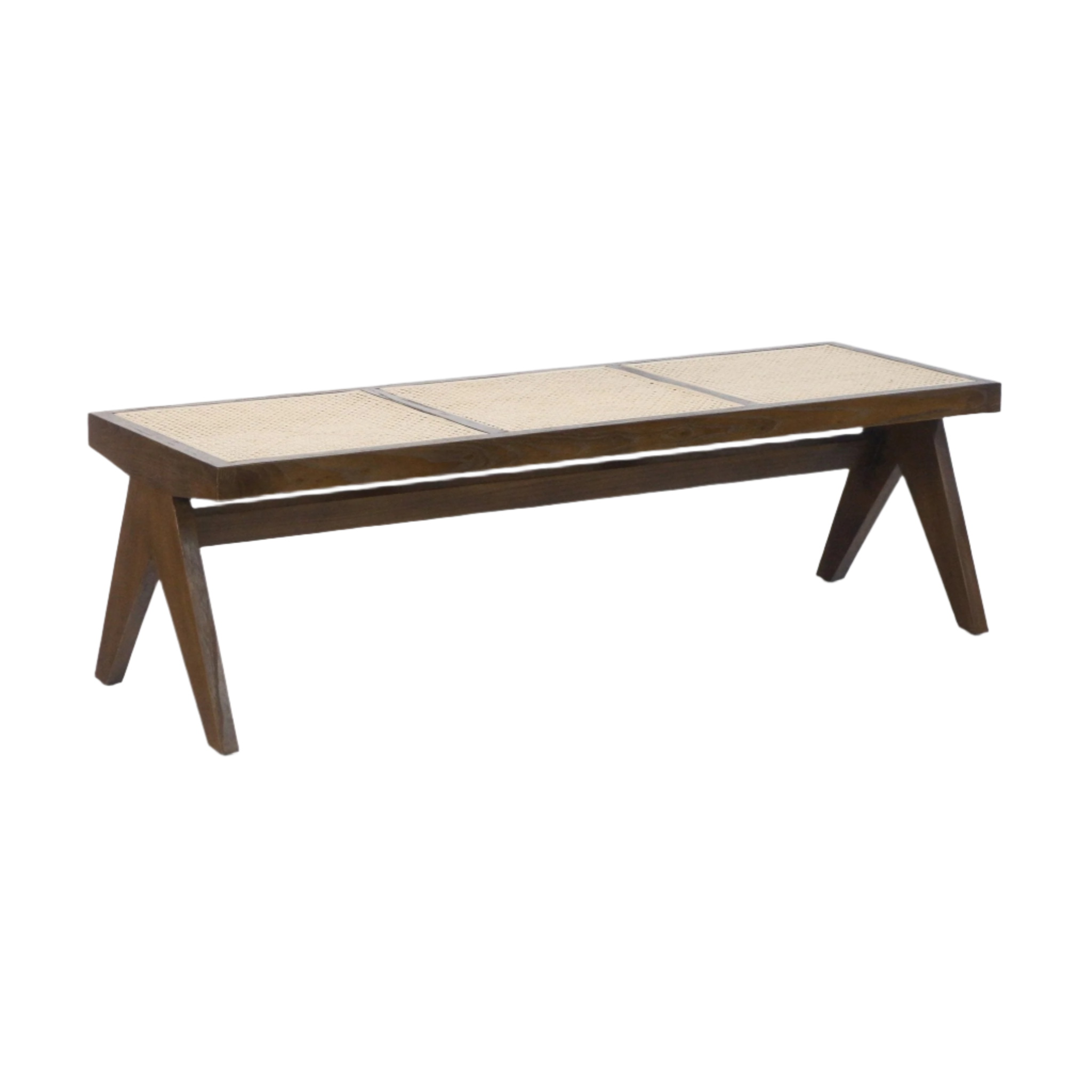 Long backless natural wood bench with three woven cane seat panels framed in warm teak solid wood, angled A-shaped legs and a low stretcher — a minimalist modern bench for entryway, dining, or end-of-bed seating.