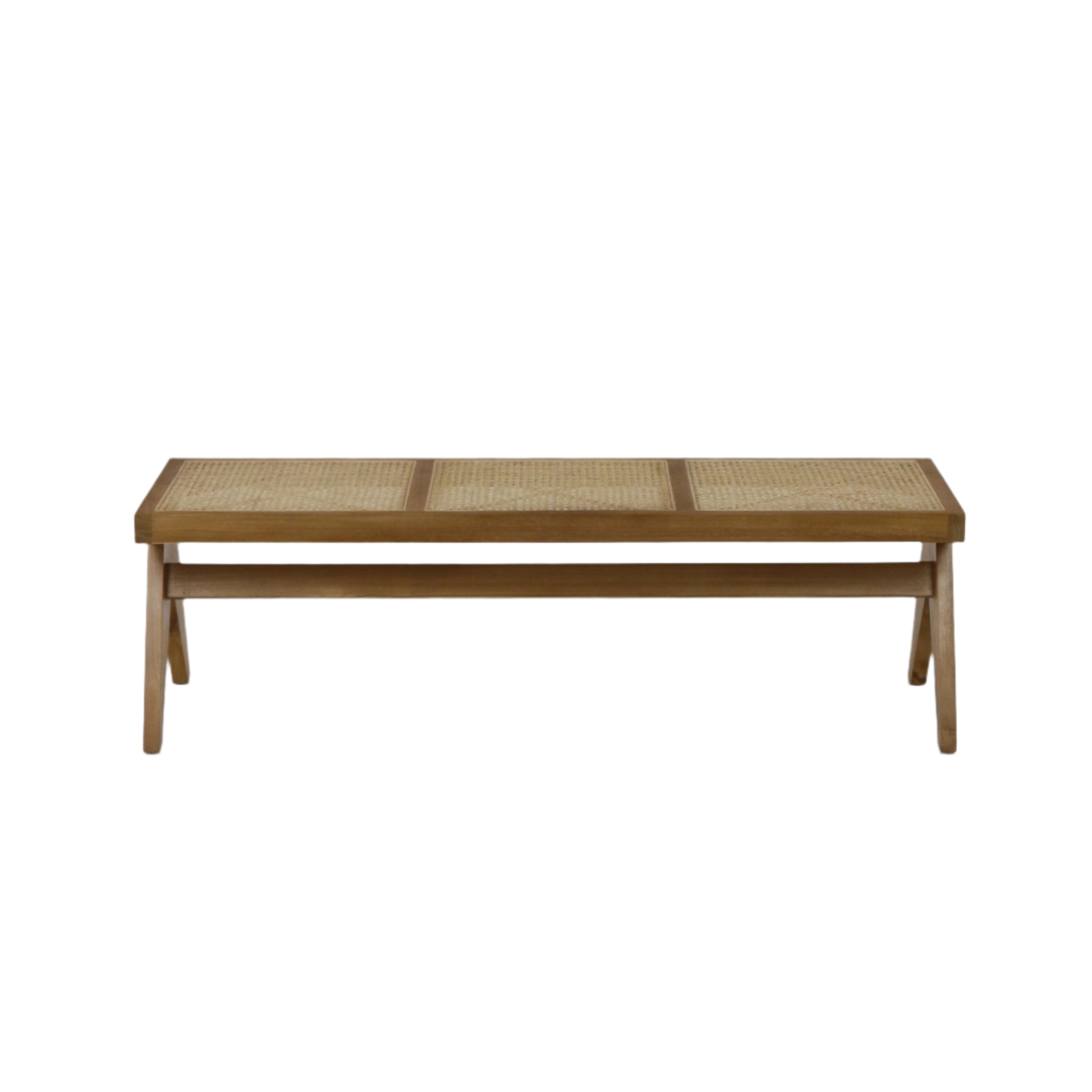 Backless natural wood bench with three woven cane seat panels set in a solid wood frame, tapered legs and a horizontal stretcher, offering a minimalist modern silhouette for entryway, bedroom or dining use.