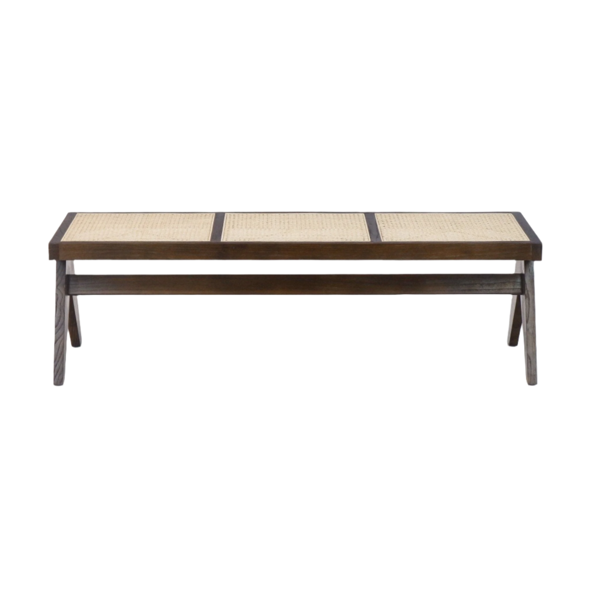 Modern backless bench with three woven cane panels and a solid natural wood frame in a warm teak finish, featuring tapered legs and a minimalist silhouette on a white background.