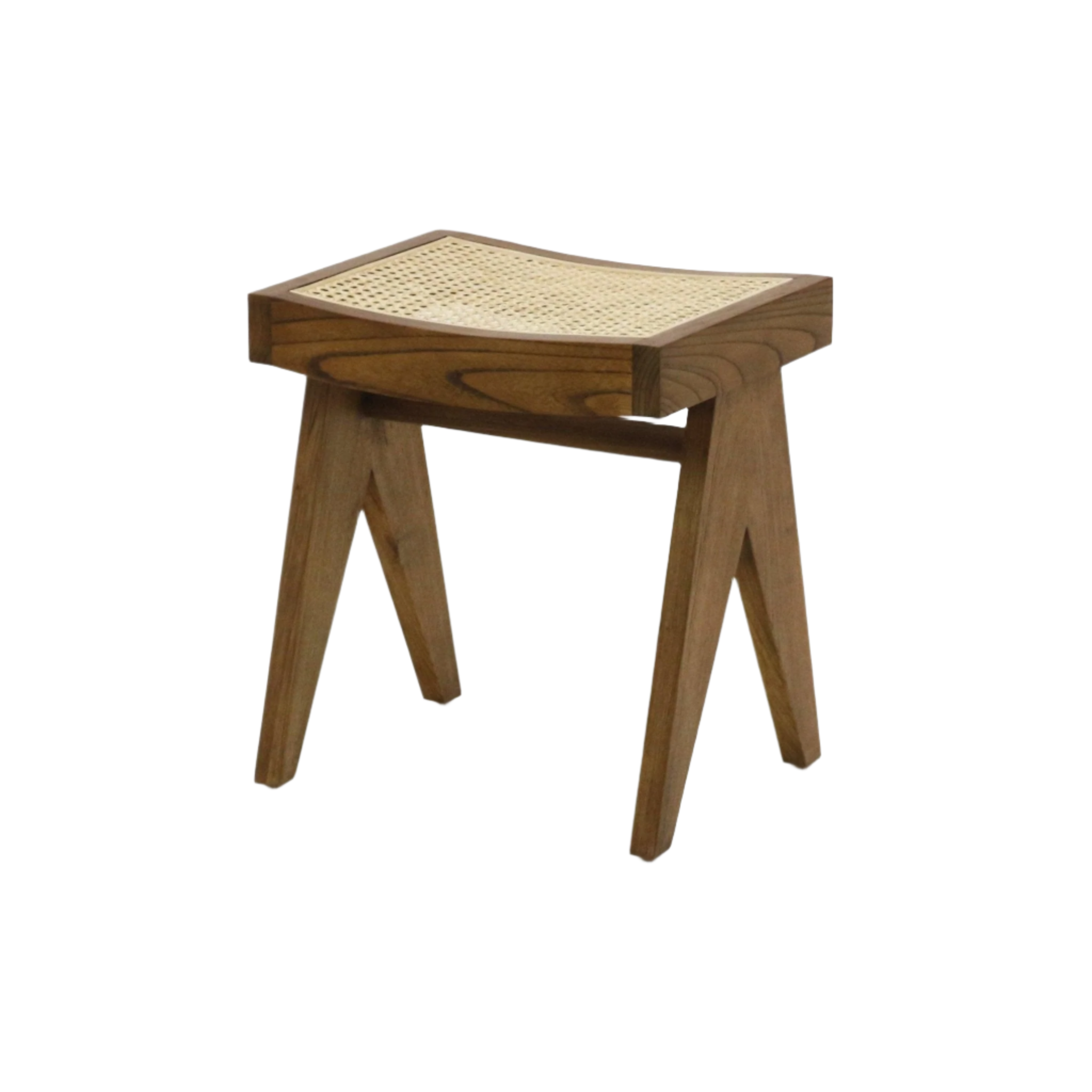 Mid-century modern natural wood footstool with a gently curved woven cane seat, angled solid-wood legs and a horizontal stretcher in a warm natural brown finish.