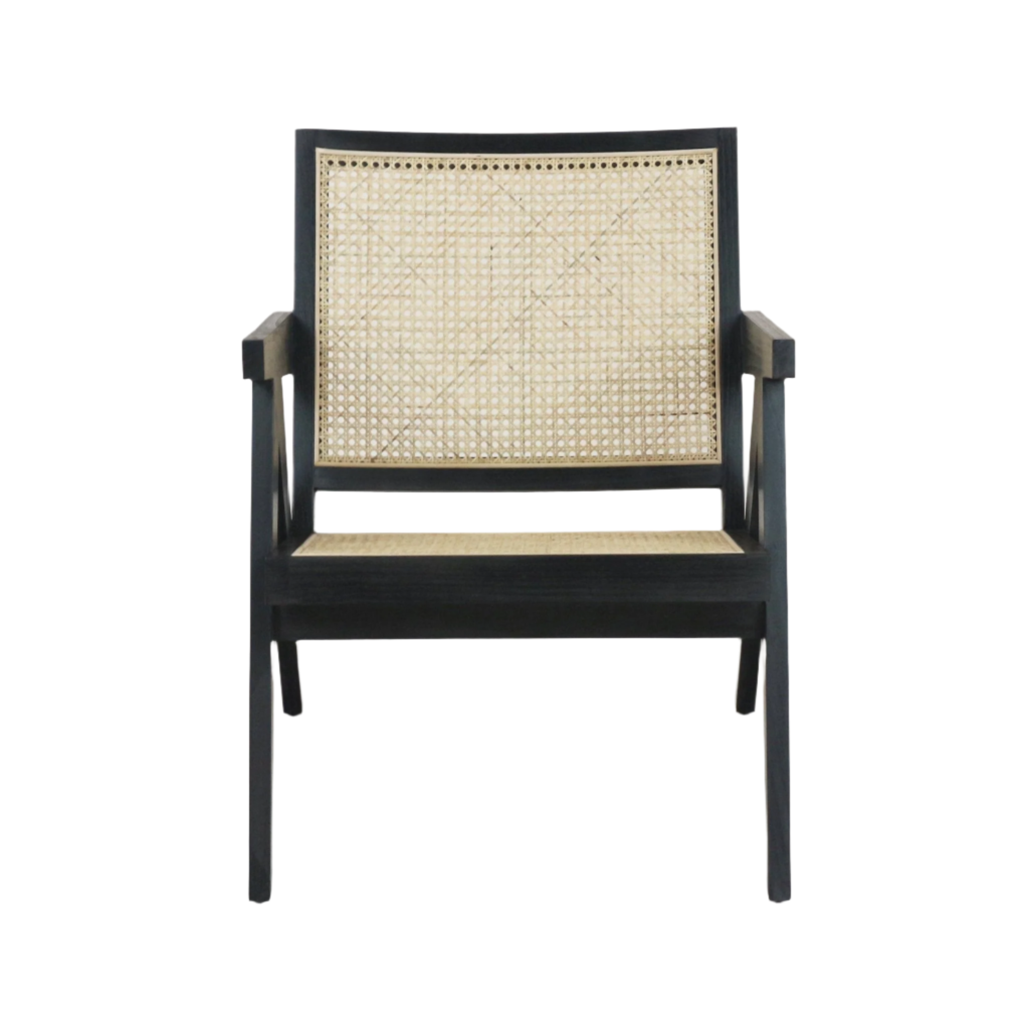 Front view of a mid-century modern lounge chair with a black-stained solid wood frame and straight arms, featuring a natural rattan cane full back and woven cane seat on a white background.
