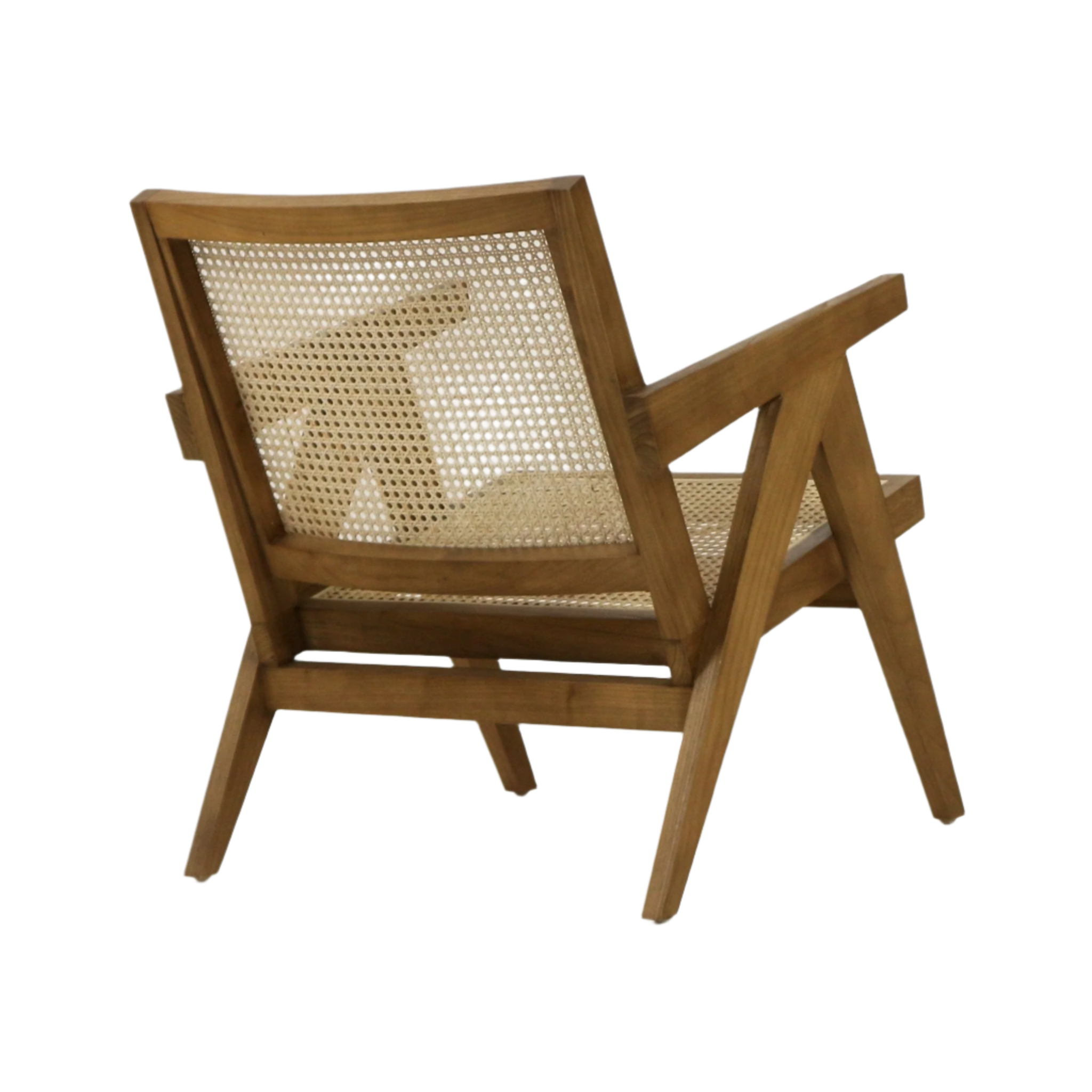 Mid-century modern lounge chair in natural wood with a solid frame, woven rattan cane back and seat, angled tapered legs and broad wooden armrests.