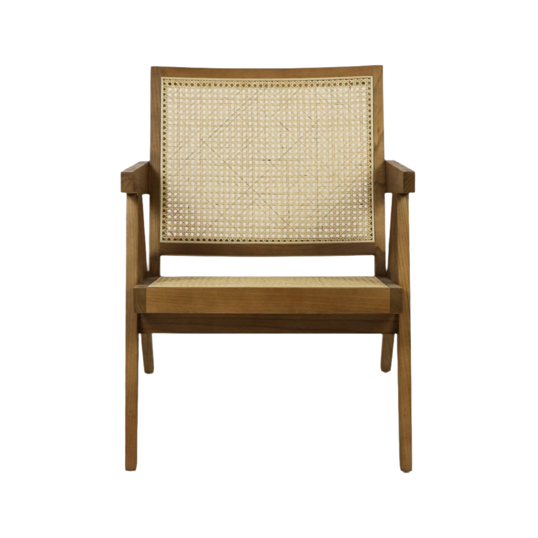 Front view of a mid-century modern lounge chair with a natural wood frame and woven cane rattan seat and full back, straight armrests and tapered legs on a white background.