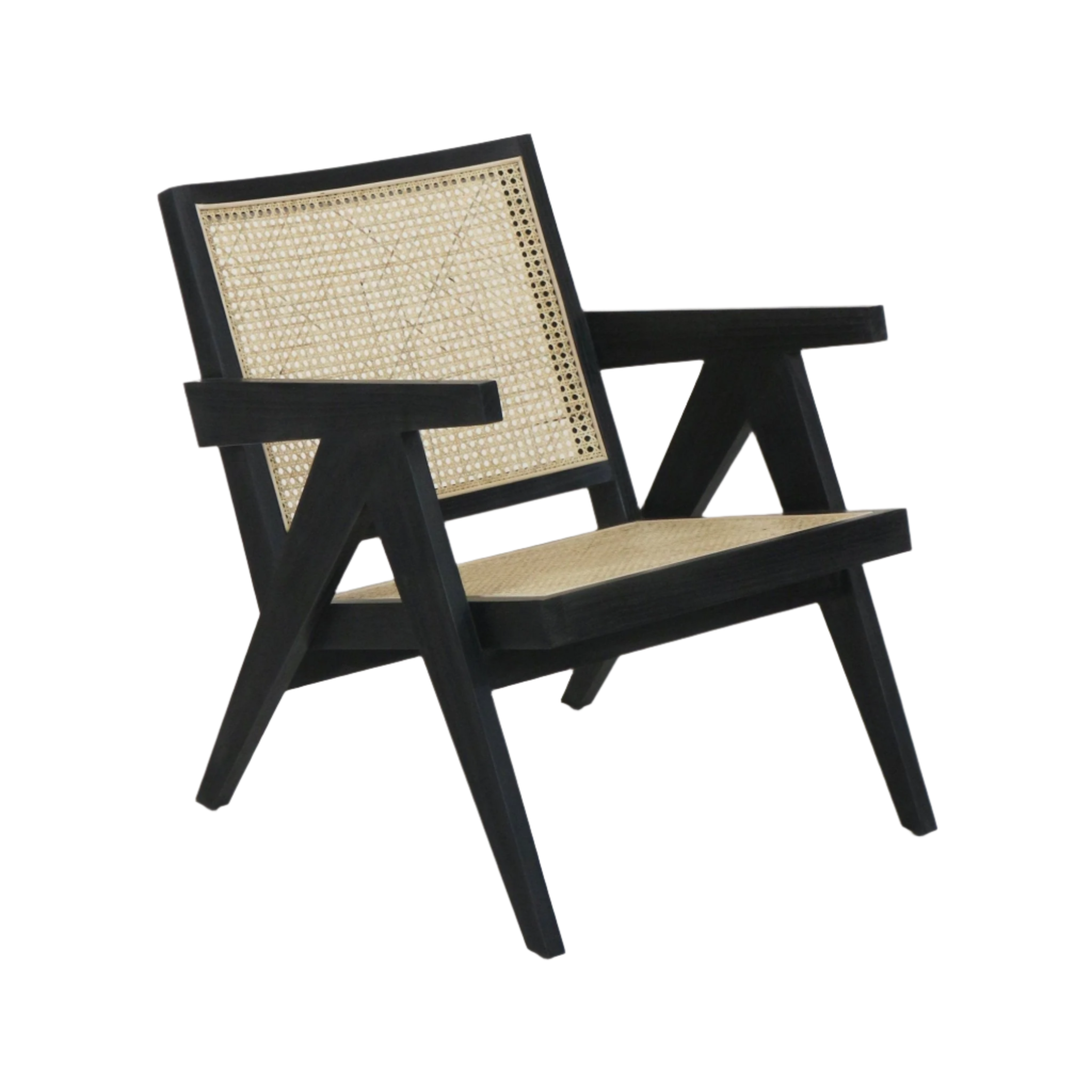 Mid-century modern lounge chair with a smoked black solid wood frame and natural rattan cane seat and full back, featuring angled legs and broad armrests.