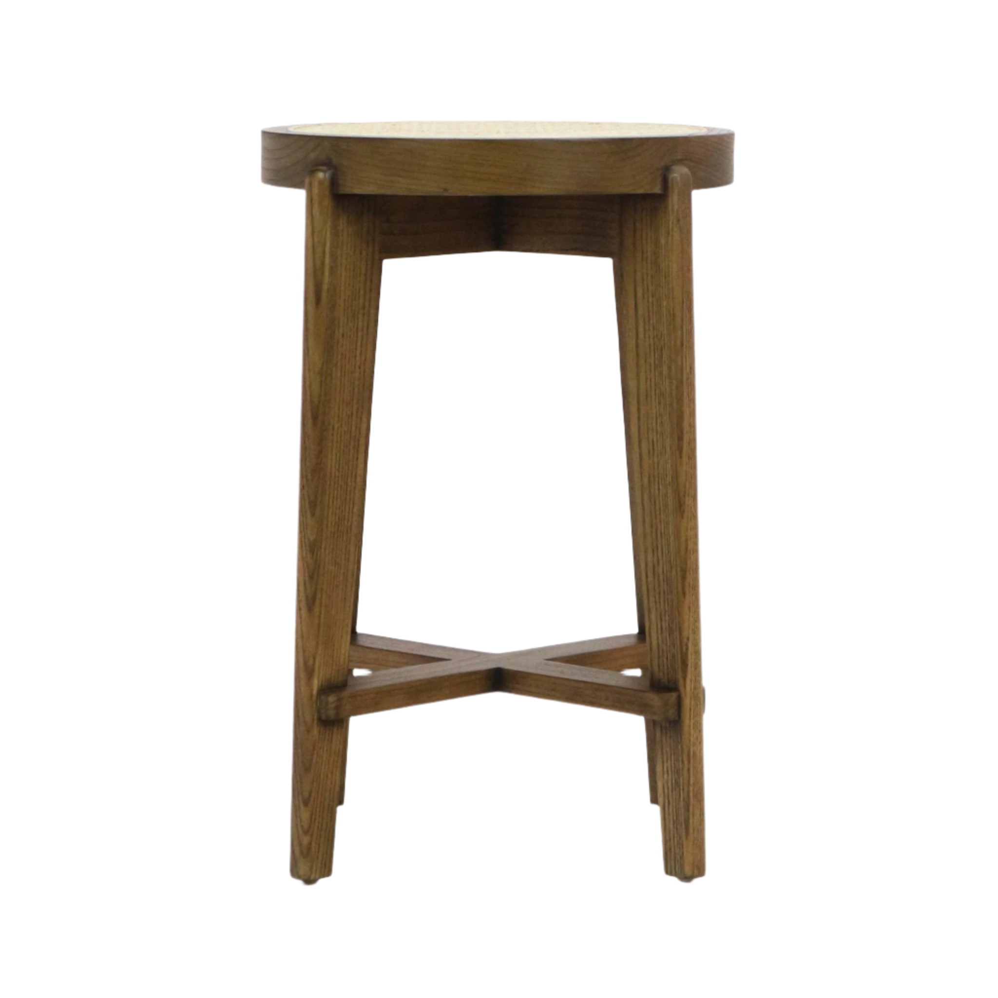 Front view of a natural-finish round counter stool with woven rattan seat, medium-brown solid wood tapered legs and an X-shaped stretcher footrest, shown on a white background.
