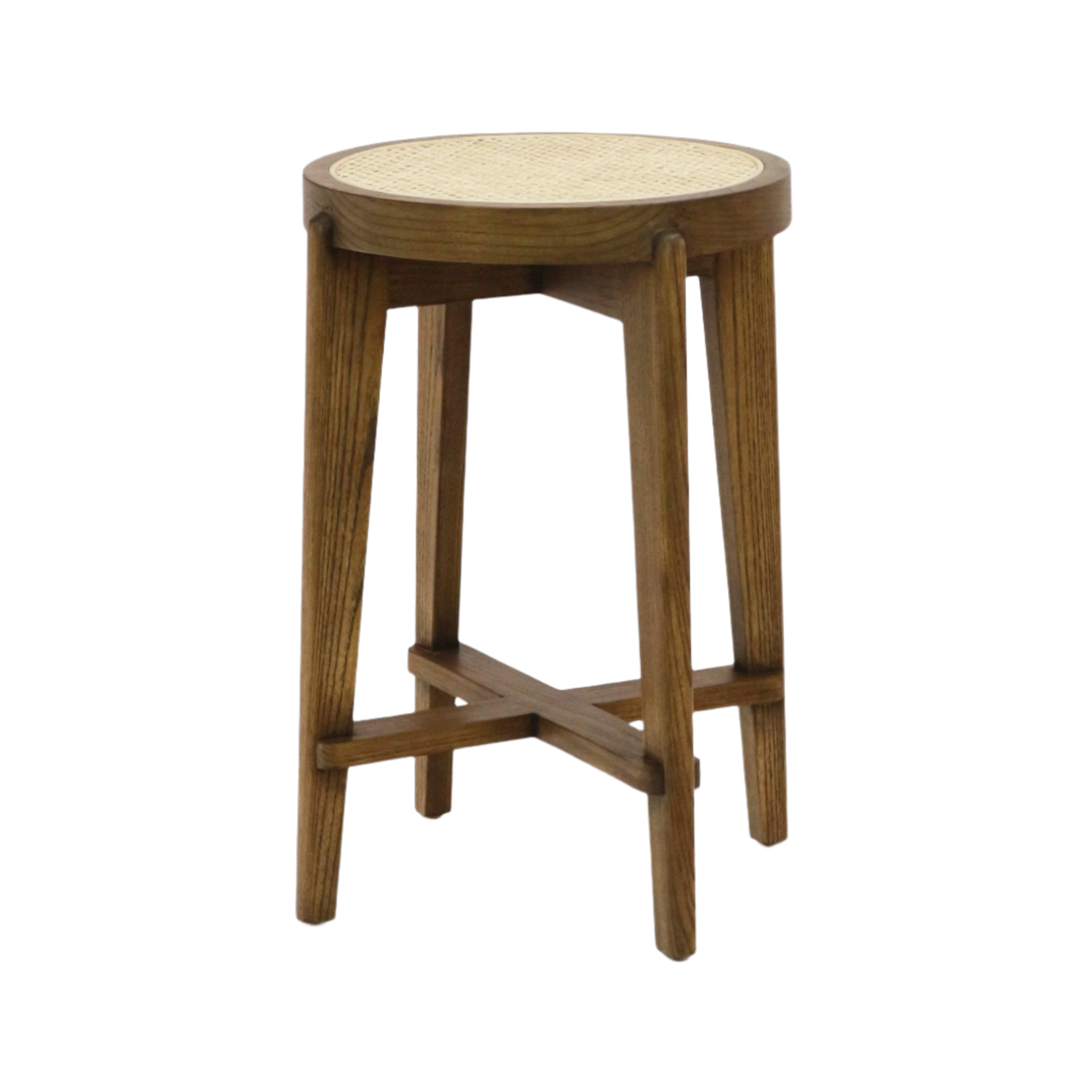 Backless round counter stool with a natural rattan woven seat on a medium-brown solid wood frame, tapered legs and crossed stretchers, modern armless design for kitchen or counter seating.