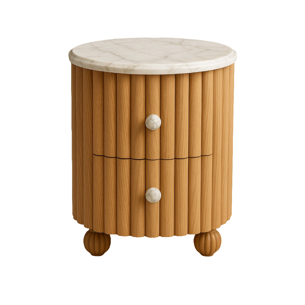 Round fluted oak nightstand with a white marble top, two drawers with round marble knobs and fluted ball feet in a natural oak finish.