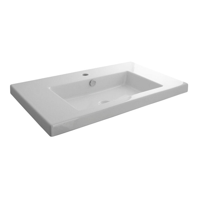 Glossy white rectangular ceramic sink top with integrated rectangular basin, single centered faucet hole and overflow, modern minimalist design for contemporary bathroom vanities.