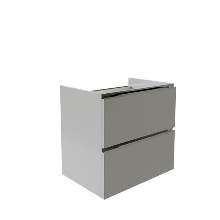 Freestanding 24.5-inch modern single-sink bathroom vanity in stone-colored solid wood with two large drawers and integrated recessed pull grooves; top shown open for sink or countertop installation.