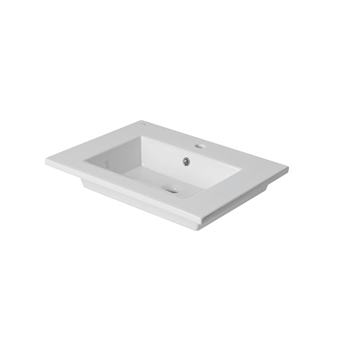 White ceramic rectangular sink top with a wide flat rim, recessed basin, single faucet hole and overflow drain, shown at an angle on a plain background — suitable for modern 24-inch vanities.