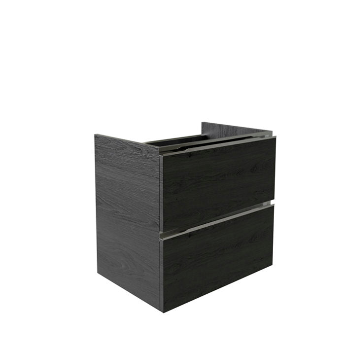 Angled view of a modern solid-wood bathroom vanity base in dark stone finish, featuring two large drawers with recessed horizontal handles and an open top for single-sink installation.