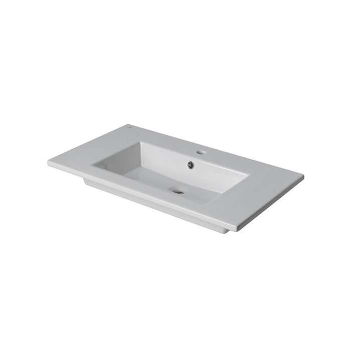 Modern stone ceramic rectangular integrated sink top in white with a recessed rectangular basin, single predrilled faucet hole, overflow and wide flat rim for a bathroom vanity.