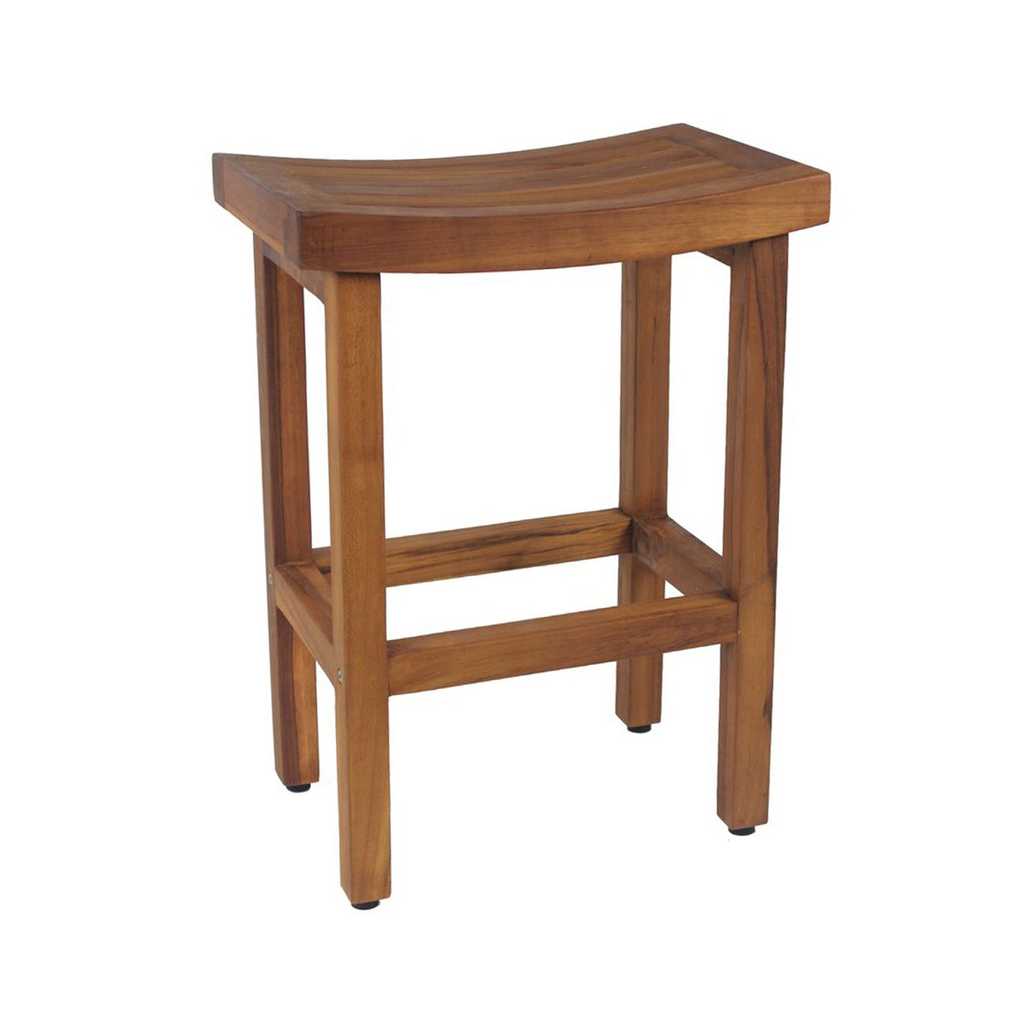 Backless teak outdoor bar stool with a gently curved slatted seat, solid natural teak frame, four square legs and integrated footrest rails in a coastal contemporary style.