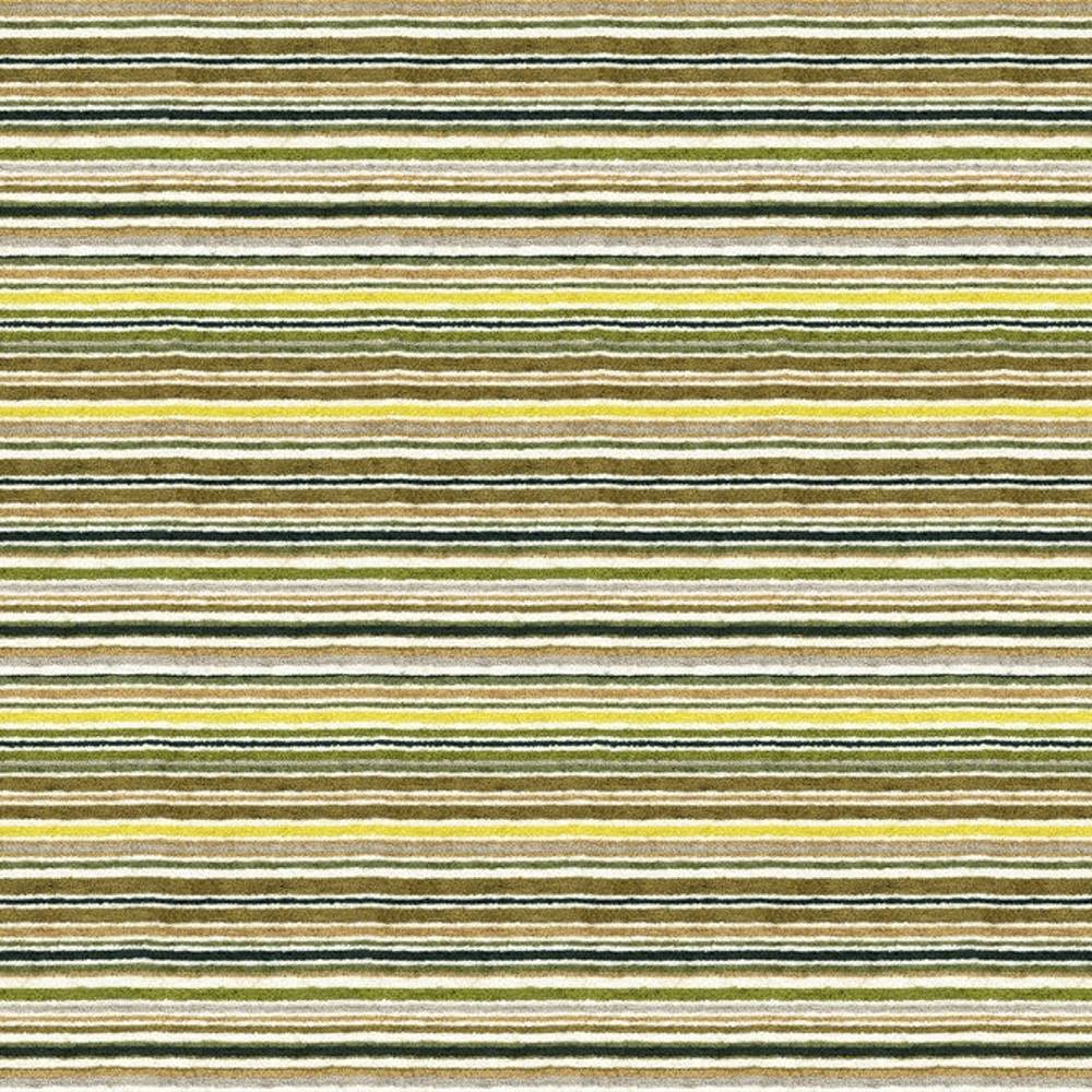 Close-up of R1753 contemporary stripe upholstery fabric in a 90% viscose blend, showing horizontal thin stripes in green, yellow, olive, brown and cream with a soft, textured weave suited for sofas.