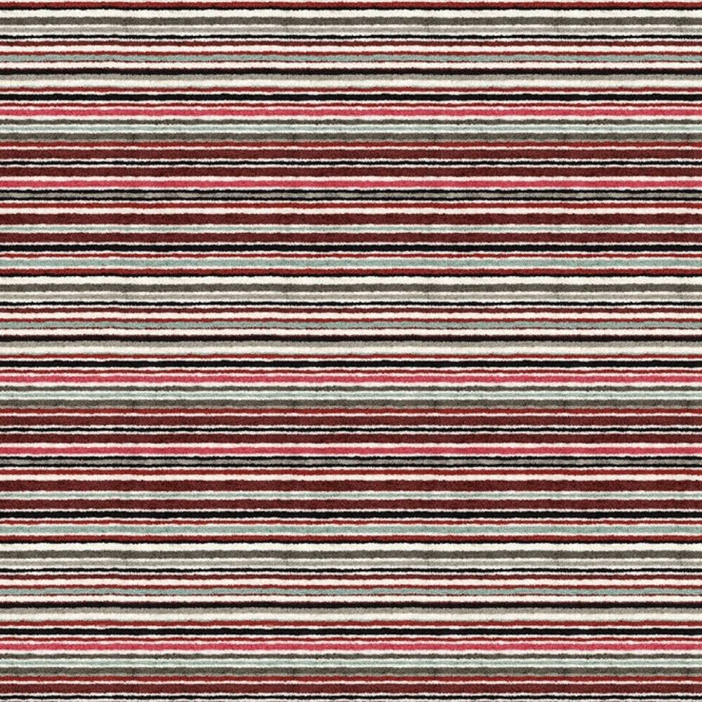 Close-up of a striped upholstery fabric sample with narrow horizontal bands in burgundy, coral, gray, cream and black on a soft 90% viscose-blend, contemporary sofa-ready pattern.