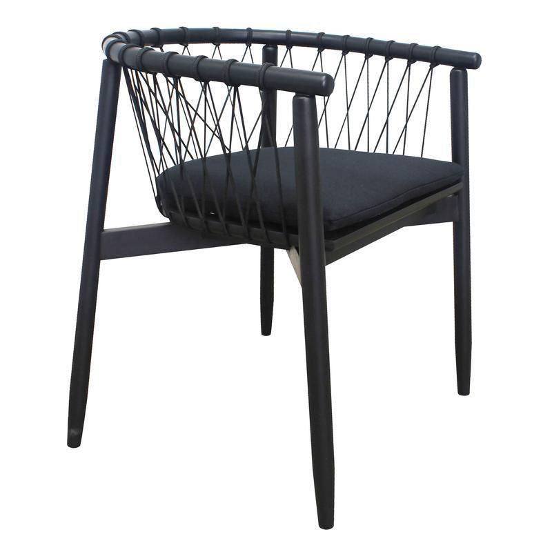 Black modern dining chair with an upholstered fabric seat, tapered solid wood legs and a rounded rope-woven low back that wraps into integrated arm supports.