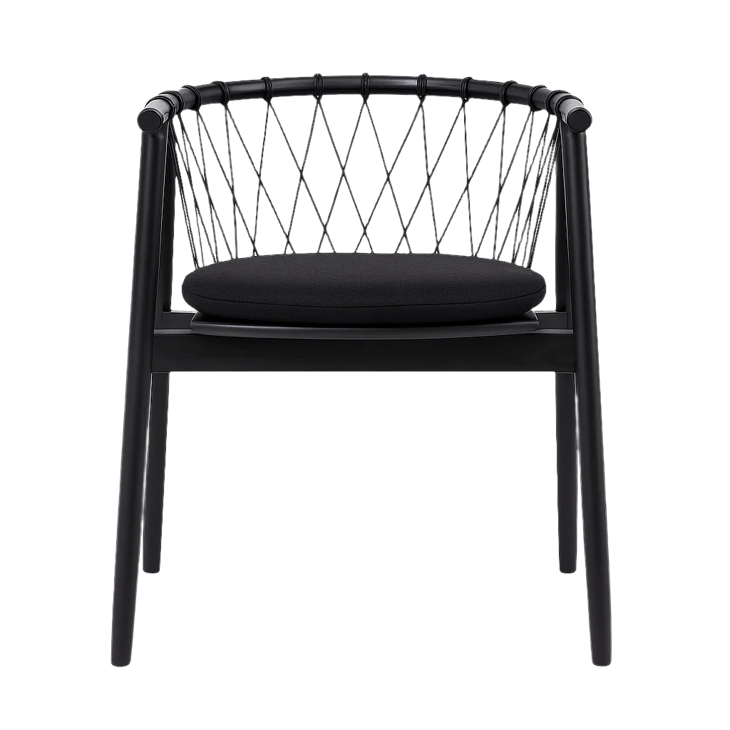 Front view of a modern black dining chair featuring a solid wood frame and tapered legs, a rope-woven diamond-pattern backrest and a round padded black fabric seat cushion.