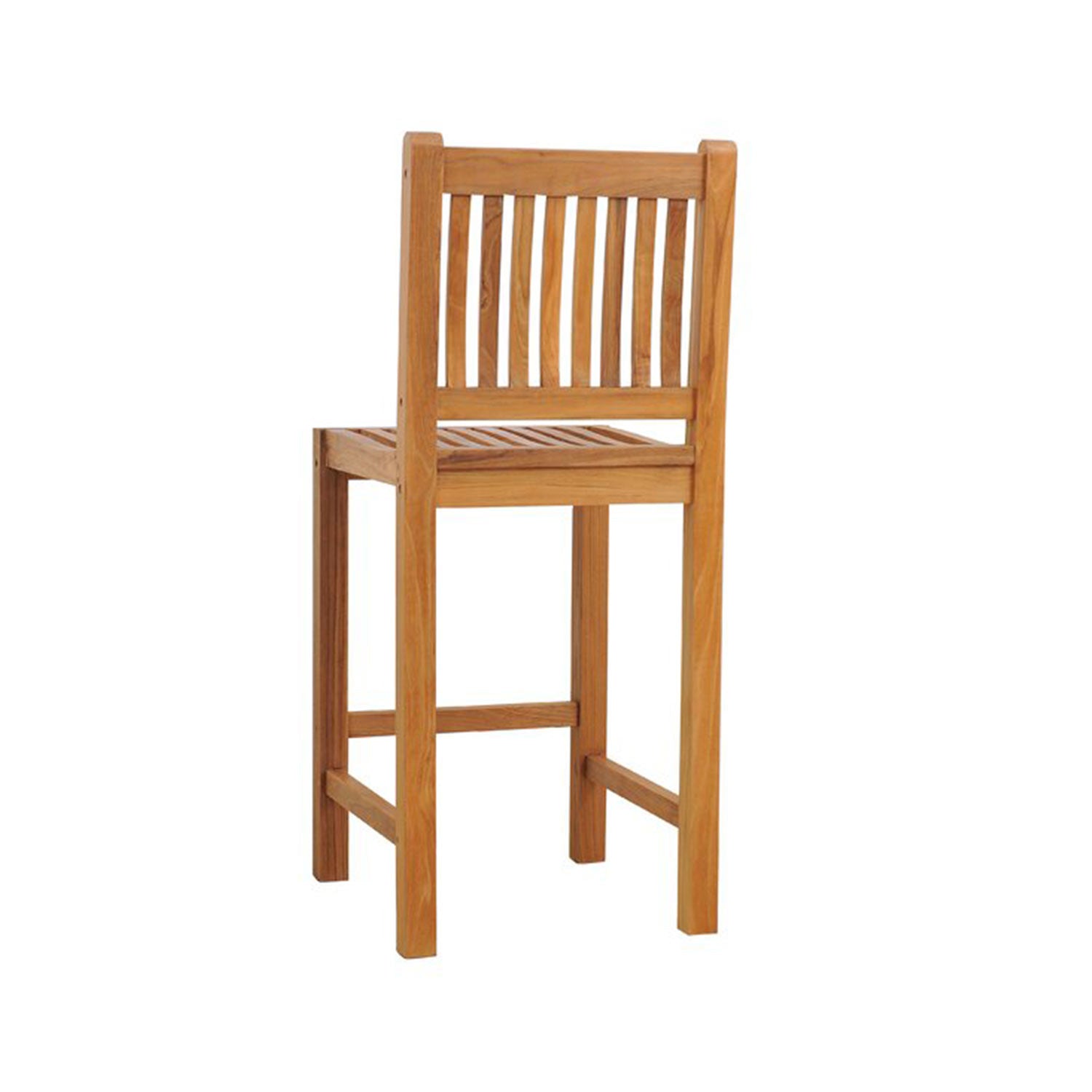 Armless teak outdoor bar stool in a natural finish with slatted seat and back, square legs and integrated footrest shown on a white background.