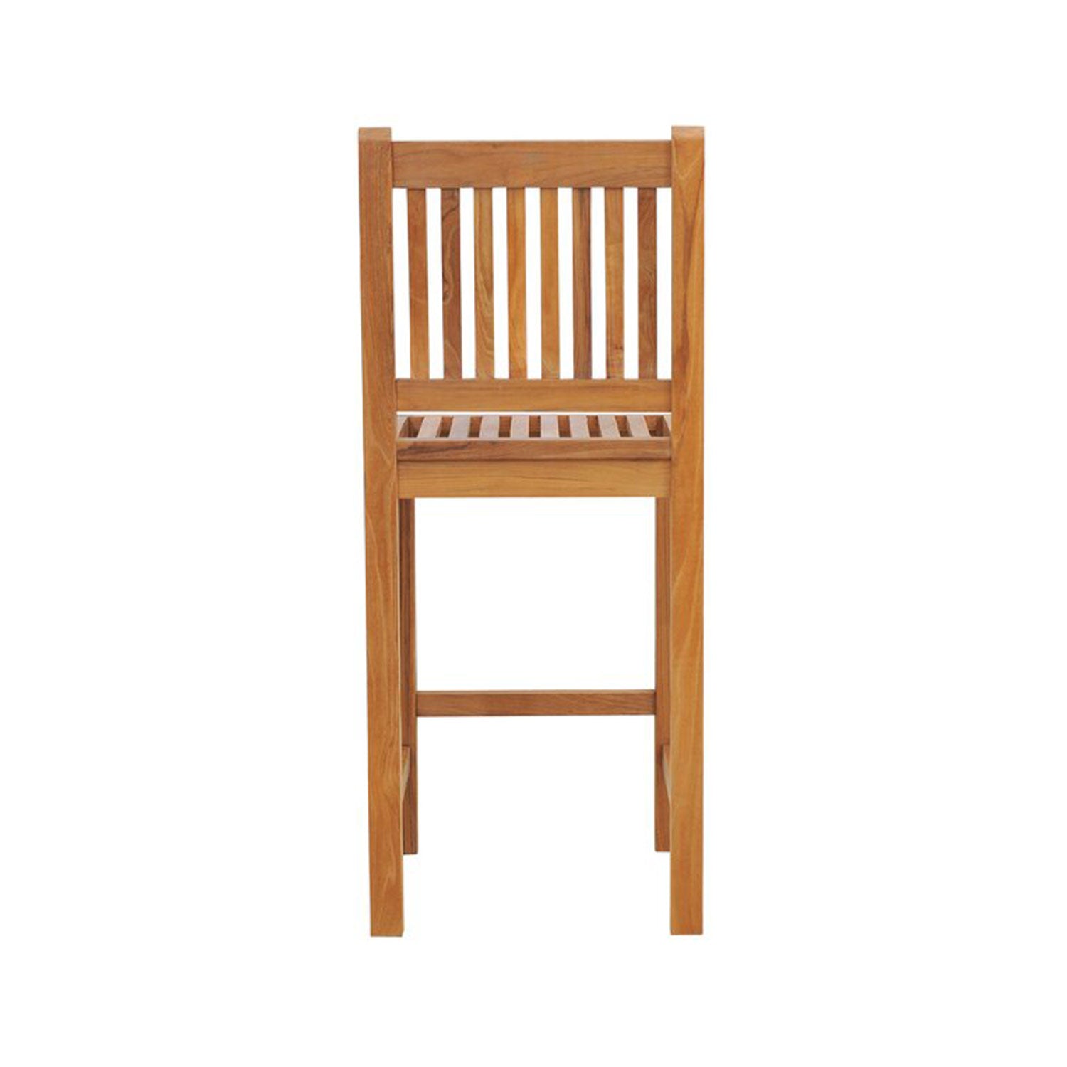 Front view of an armless teak outdoor bar stool with vertical slatted back and slatted seat in a natural teak finish, square legs and a lower footrest for coastal-contemporary patio seating.