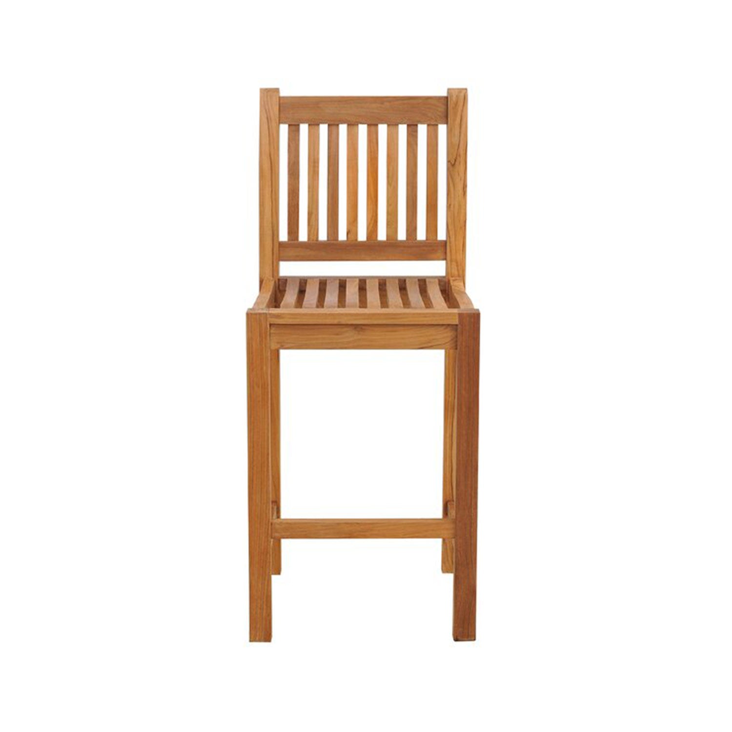 Armless solid teak outdoor bar stool with vertical slatted back, slatted seat and square legs in a natural teak finish shown on a white background.
