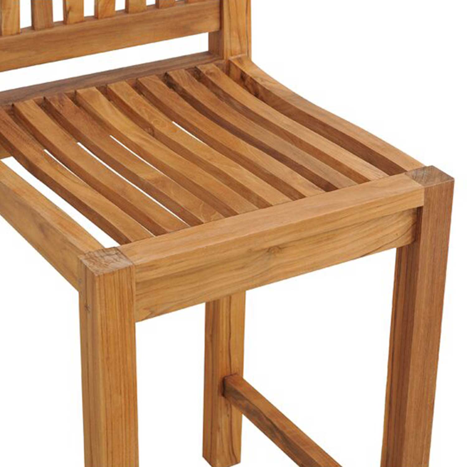 Close-up of an armless outdoor bar stool in natural teak, showing the slatted curved seat, rectangular legs and a lower footrest with warm brown wood grain.