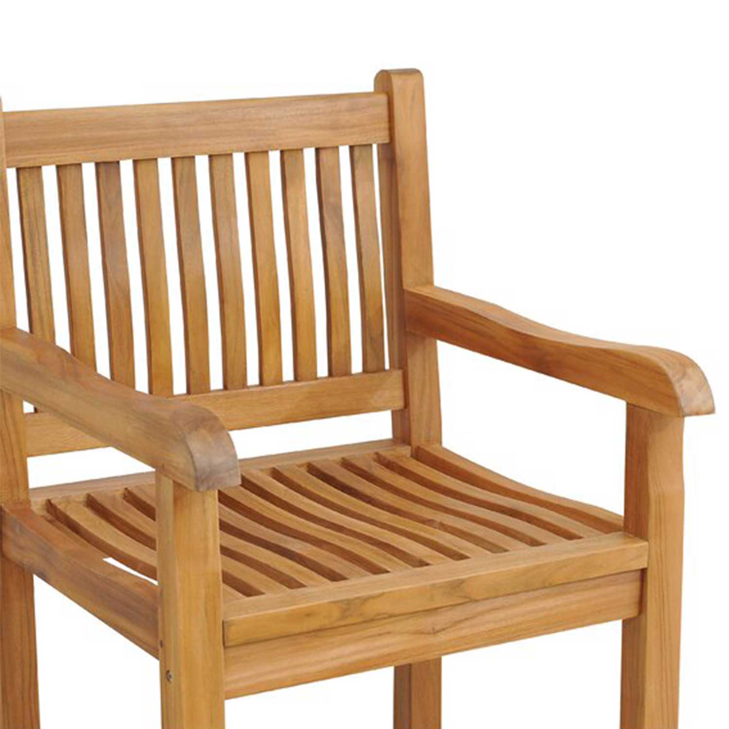 Close-up of a natural teak outdoor bar stool showing slatted seat and back, curved armrests and solid wood frame in a warm teak finish.