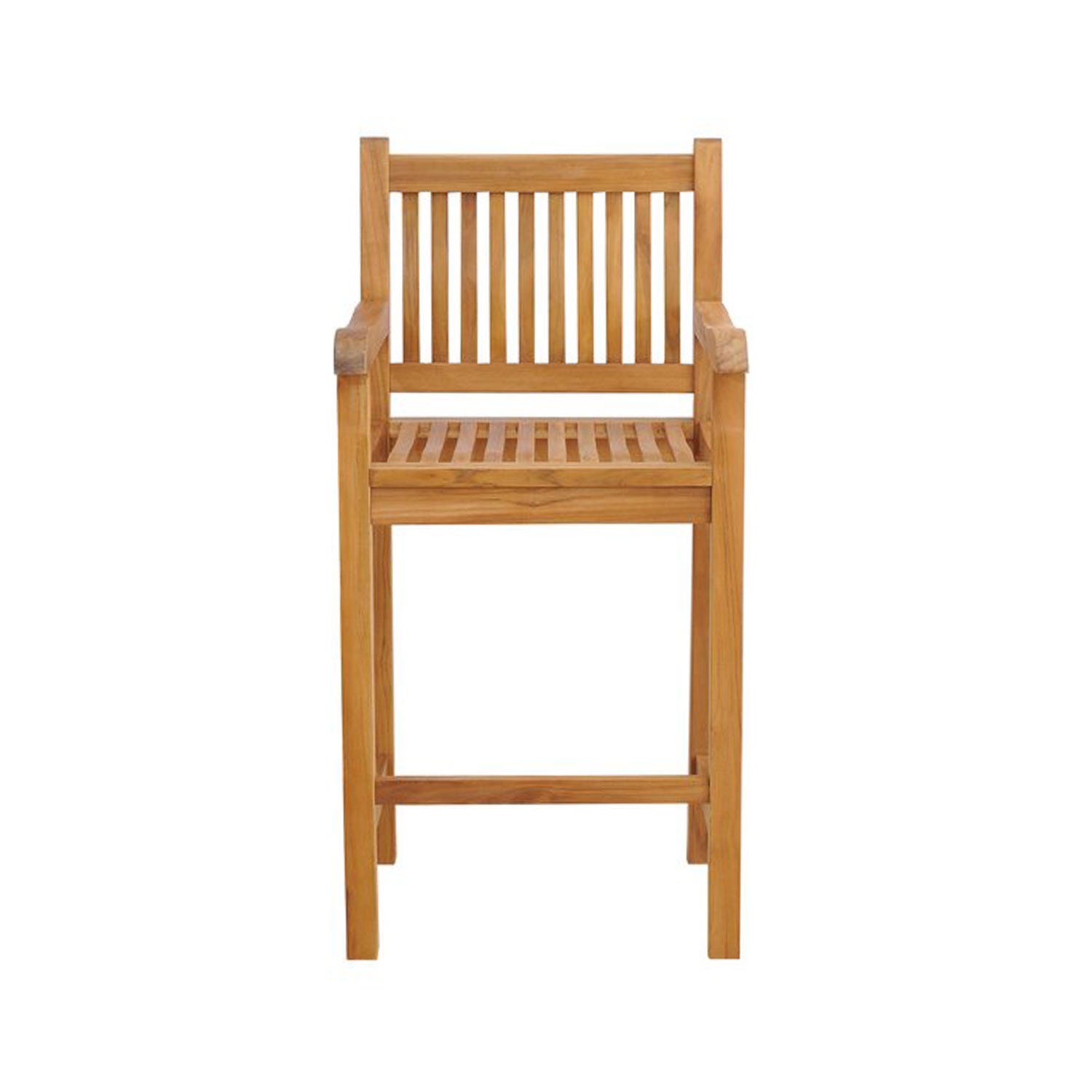 Front view of a natural teak outdoor bar stool with slatted seat and back, solid wood frame, square legs, armrests and a lower footrest in a coastal-style natural teak finish.