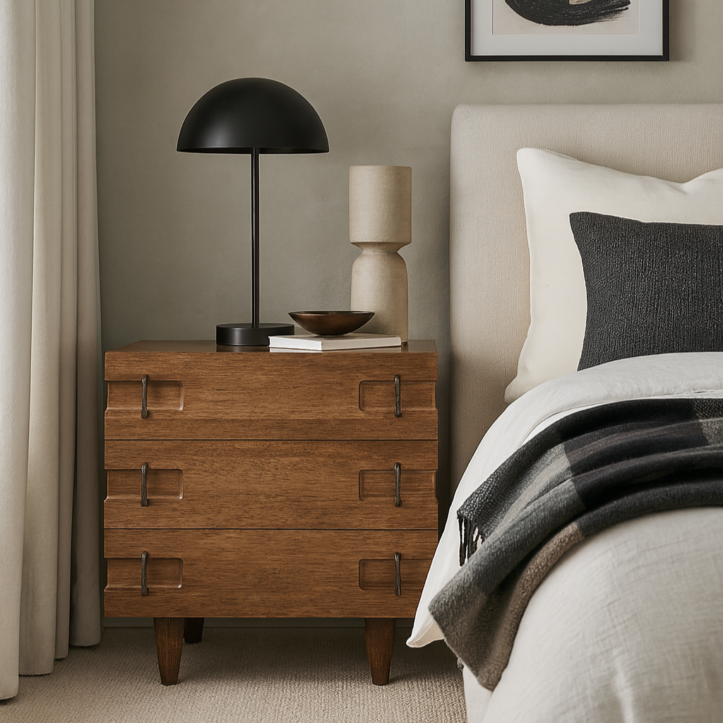 Three-drawer solid oak nightstand with antique brass pull handles and tapered legs, styled beside a neutral upholstered bed with a black dome table lamp, ceramic vase, stacked books and a folded throw.