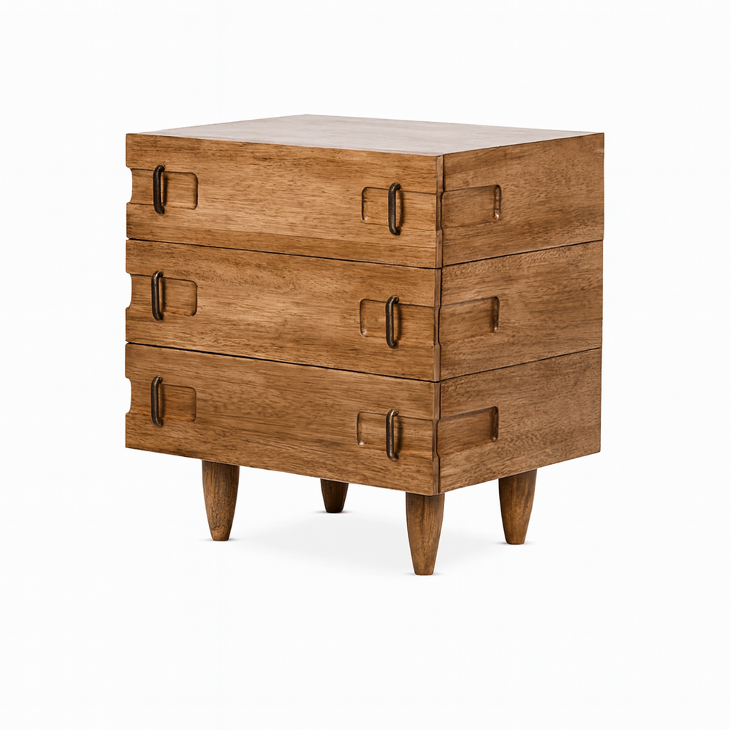 Solid oak three-drawer nightstand in a warm oak finish with recessed drawer fronts and antique brass loop handles, raised on four tapered wooden legs.