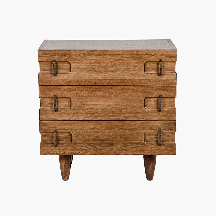 Front view of a three-drawer solid oak nightstand in natural oak finish with recessed drawer cutouts and antique brass pull handles, raised on tapered wooden legs for a contemporary mid-century modern look.